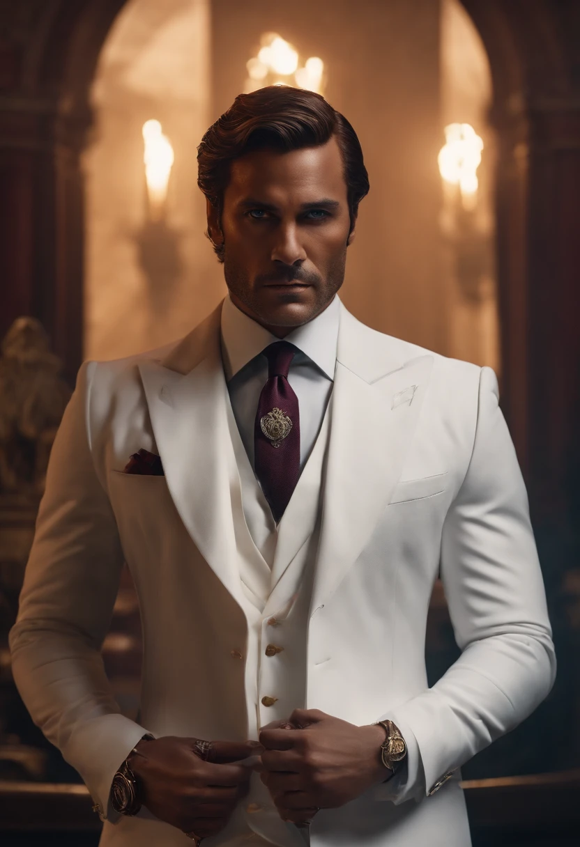 thriller, Stormy, One wears a white suit,A mysterious agent with a scar on his face,It can disappear from the minimap for a few seconds, A mansion with traps and enemies from free fire, 16k, Dark