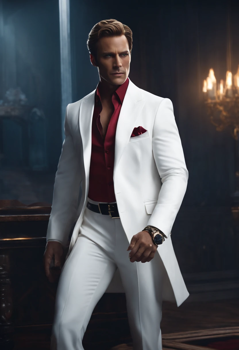 thriller, Stormy, One wears a white suit,A mysterious agent with a scar on his face,It can disappear from the minimap for a few seconds, A mansion with traps and enemies from free fire, 16k, Dark
