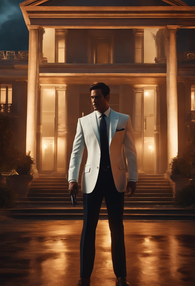 thriller, Stormy, One wears a white suit，A mysterious agent with a scar on his face，It can disappear from the minimap for a few seconds, A mansion with traps and enemies from free fire, 16k, Dark