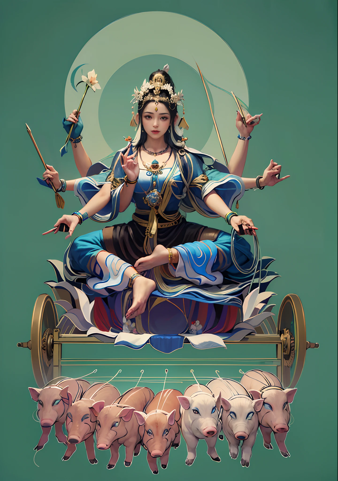 Beautiful woman sitting on a lotus in the car, Blue clothes，Three-headed，In total, The arm has eight mudras，Barefoot on both feet，There are seven piglets pulling carts in front，goddess of love and peace, indian goddess of wealth, Heavenly Bodhisattva, goddess art, goddess of wisdom, an ancient Chinese goddess，photorealestic，professional photoshooting，Realiy，超高分辨率，tmasterpiece，