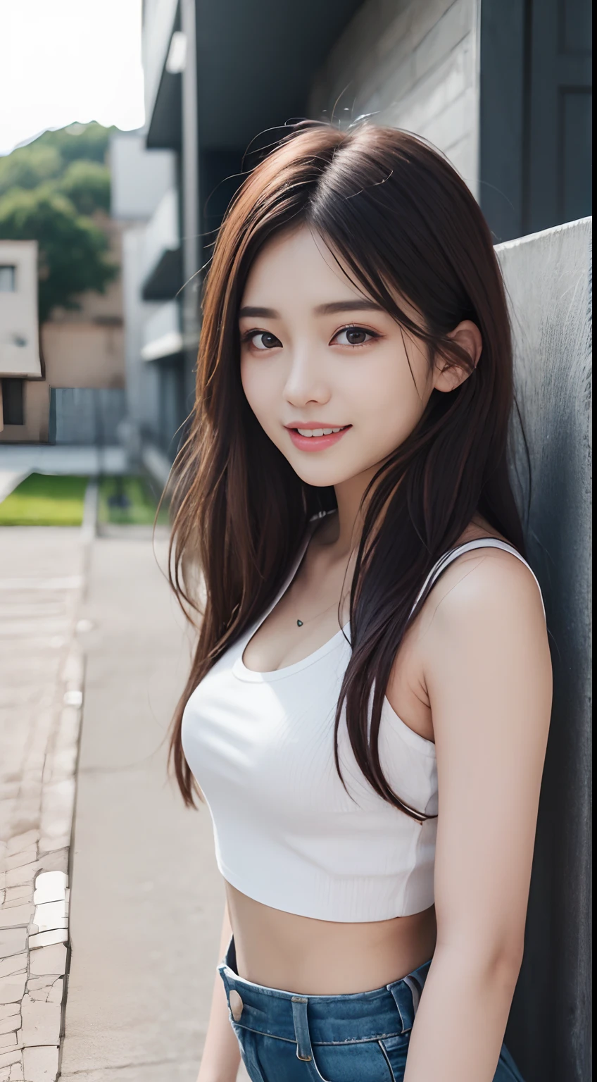 The 8k quality、Top image quality、超A high resolution、​masterpiece、Photorealsitic、Raw photography、超A high resolution、21-year-old Korean、small tits、Dynamic angles、Cowboy Shots、smil、Laugh、The most beautiful forms chaos、elegent、Brutalist design、Vibrant colors、a short bob、smil、shiny white skin、Beautiful eyes with random colors、very thin lips、Beautiful eyes in every detail、Beautiful double eyelids、light chestnut hair、a park、Daytime outdoor、Overall、Black crop top、parka、hotpants、Shot diagonally from above、