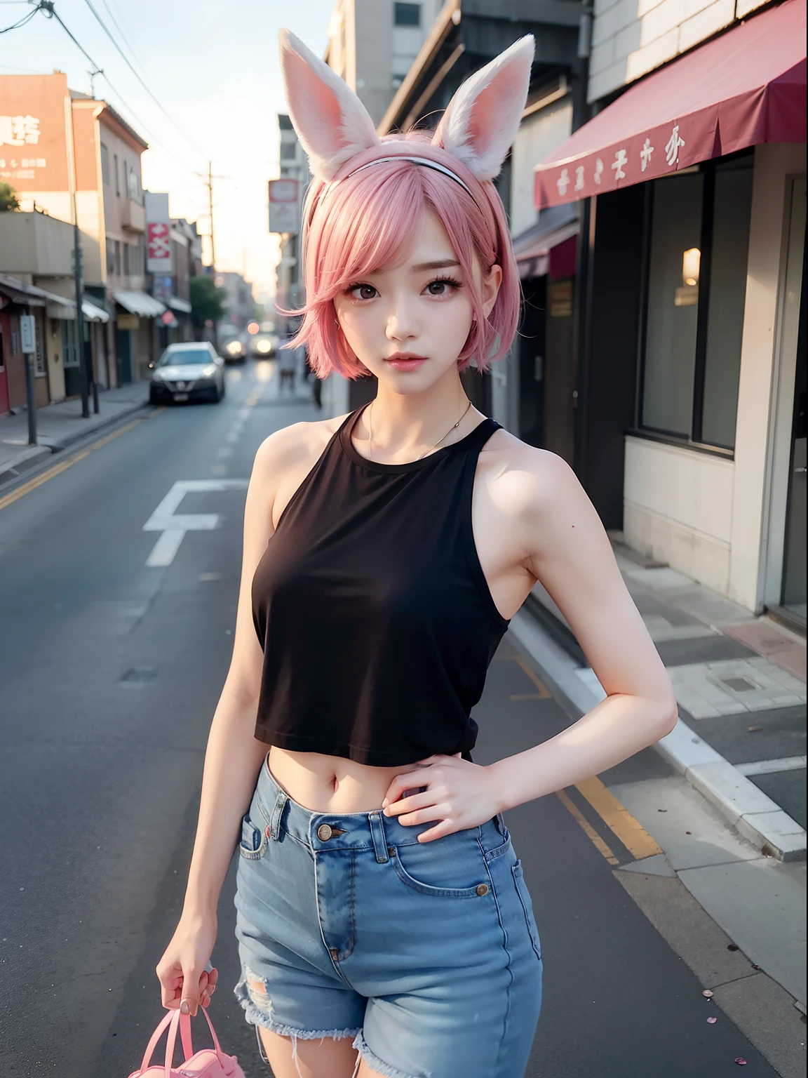 Downtown at dusk、the setting sun、after rain、Back alley、early evening、Thin tank top、shortpants、Jeans shorts、Pink Shortcut Bob、Realistic rabbit ears、rabbit ears pink hair sticking out of the head,,,,,,,,,,,,、Bewitching atmosphere、Beautiful shaped hands、K-POP、Pink rabbit ears、1 girl in、独奏、masterpiece、top-quality、realisitic、Hyper-detailing、(Glossy skin:1.4)、absurderes、short pink hair、Slender beauties、动态照明、hight resolution、foco nítido、depth of fields、(thick thight:1.0)、A slender :1.2、((Short-cut bob hair))、((k pop:1.3))、Highly detailed facial and skin texture、((魅惑的))、Anatomically correct number of fingers、Correct anatomy、