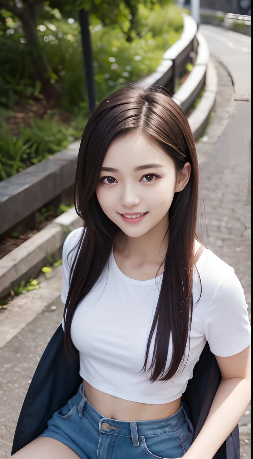 The 8k quality、Top image quality、超A high resolution、​masterpiece、Photorealsitic、Raw photography、超A high resolution、21-year-old Korean、small tits、Dynamic angles、Cowboy Shots、smil、Laugh、The most beautiful forms chaos、elegent、Brutalist design、Vibrant colors、a short bob、smil、shiny white skin、Beautiful eyes with random colors、very thin lips、Beautiful eyes in every detail、Beautiful double eyelids、light chestnut hair、a park、Daytime outdoor、Overall、Black crop top、parka、hotpants、Shot diagonally from above、
