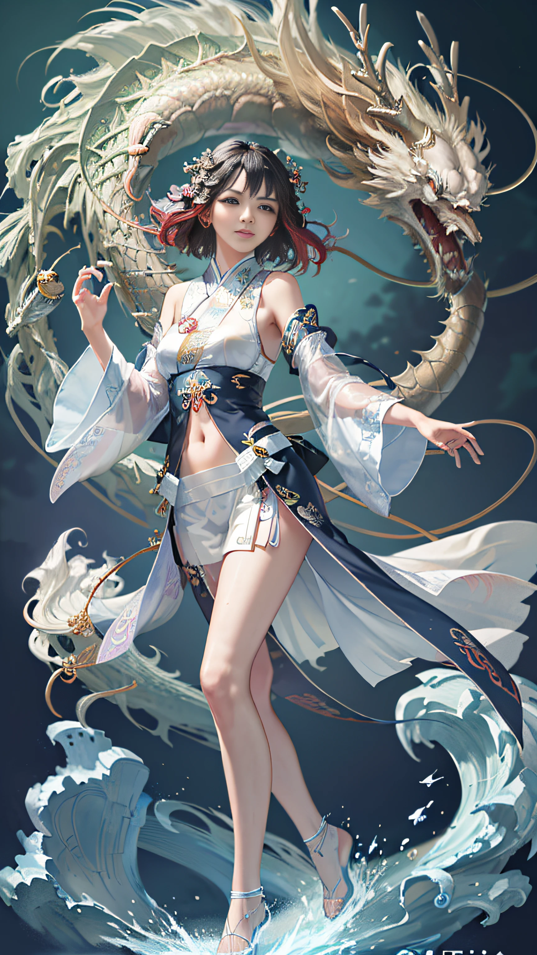 Official Art, Unified 8K Wallpapers, Ultra Detailed, Beautiful and Aesthetic, Masterpiece, Best Quality, (Zentangle, Tangle, Entangle), (fractal art: 1.4), (character center: 1.3), 1girl, black hair, Chinese, off-the-shoulders, short skirt, calf, navel, very detailed, dynamic angle, cowboyshot, (most beautiful form of chaos), ethereal, (bright colors), oc, (half: 1.2), china, (thangka flying sky: 1.5), (ribbon: 1.3), (dream: 1.5), (hanfu: 1.5), Chinese dragon, Chinese phoenix, (smile: 0.5), ( Chinese deities),