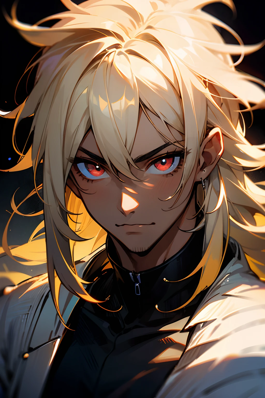 1boy, (dark-skinned male), dark-skin, single earring, eyebrow cut, :3,