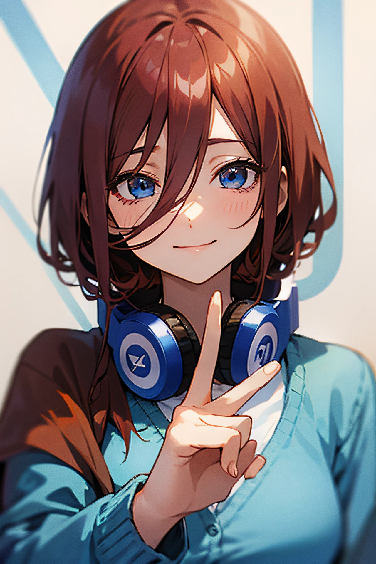 Miku Nakano、Brown hair、head phone、a smile、piece sign、Blue cardigan、white  shirt