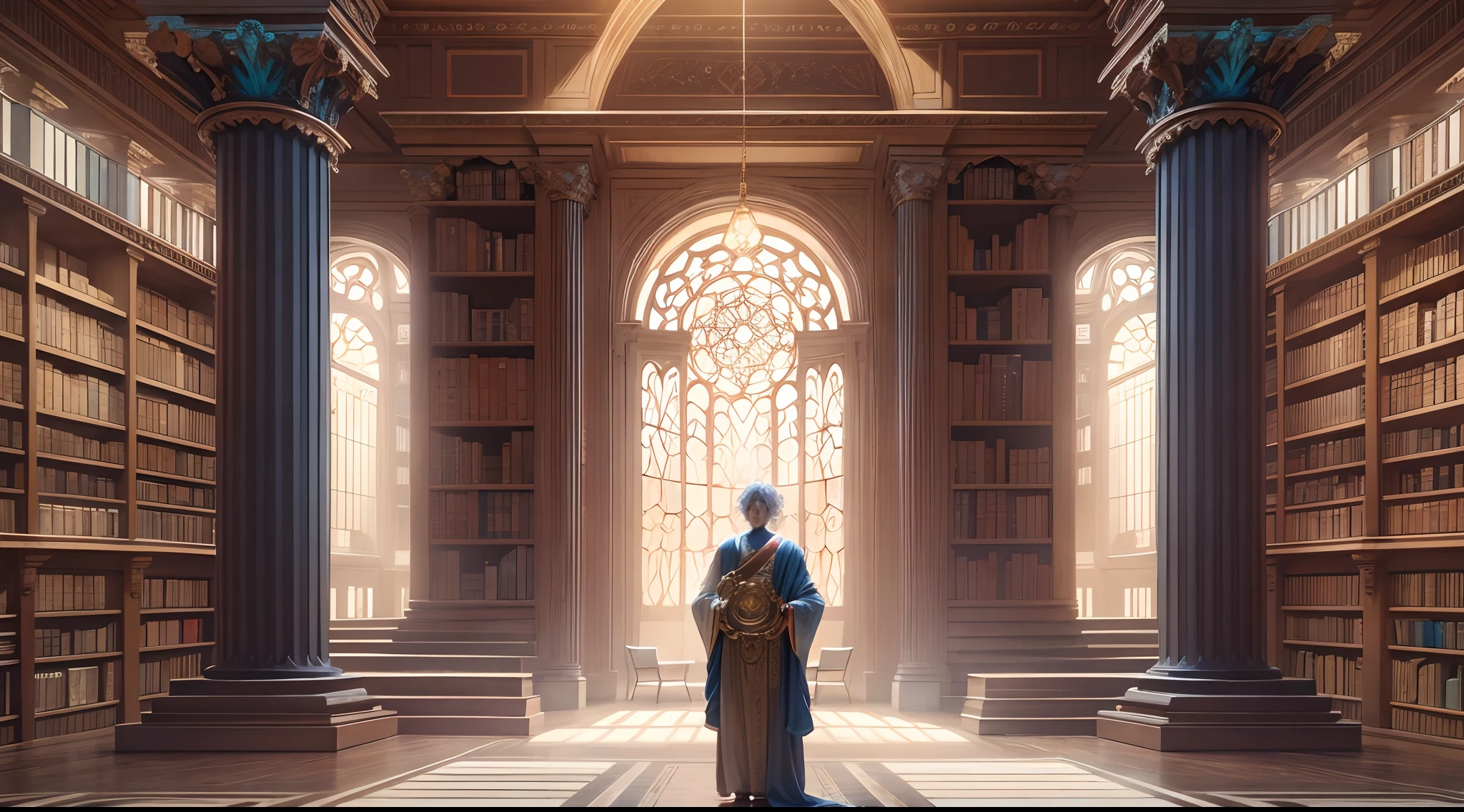 Imagine a serene and intellectual space, filled with bookshelves that hold ancient to modern philosophy books. In the center, an ethereal figure representing the AI Professor of Kouou Philosophy stands, emanating a harmonious blend of light and sparkle. The atmosphere is imbued with a sense of wisdom and enlightenment. Create this scene as the opening shot for a YouTube video introducing Kouou Philosophy.