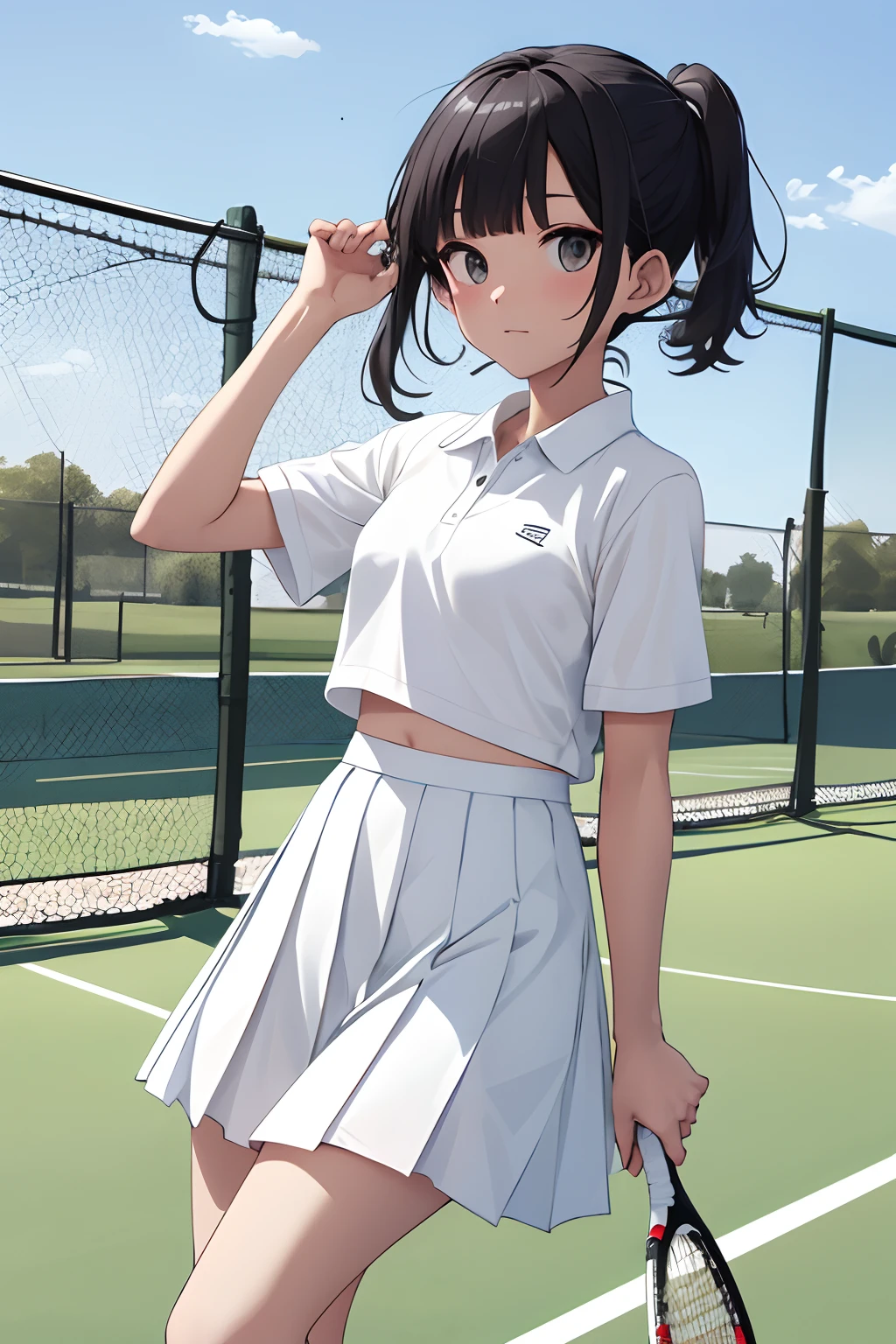 １The girls、shirt、pleatedskirt、17 age、Bob Hair Style、A smile、（A delightful！）、japanes、enmaided、Chromo-white skin、Beautiful eyes、（small tits）、Playing tennis、Wimbledon、Wearing white tennis wear、电影灯光、Upper body portrait、