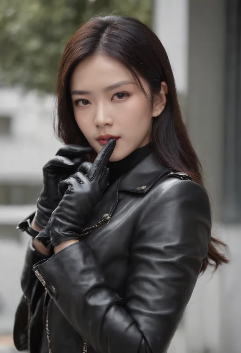 Upper body covered with black leather gloves up to the fingertips in both hands, black leather double riders jacket, slender necklace, beautiful bundled black hair, young and cute Japan president's office