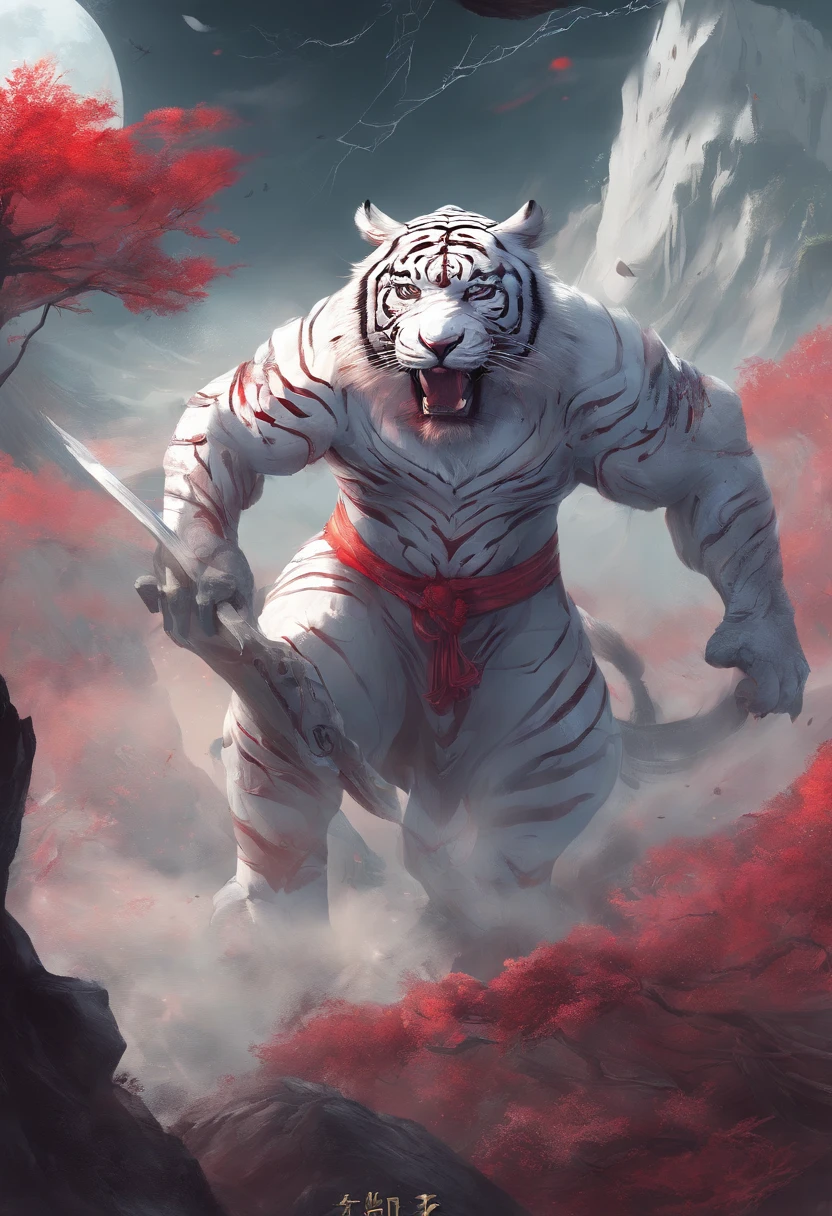 China-style，Chinese mythology，the white tiger，tosen，Ferocious，gargantuan，The eyes glow red，Glow effects，High hills，Cloud fog，the night，中景 the scene is，Full body like， highly detailed surreal vfx，oc rendered， - AR 16:9 --q 2 --s 1000