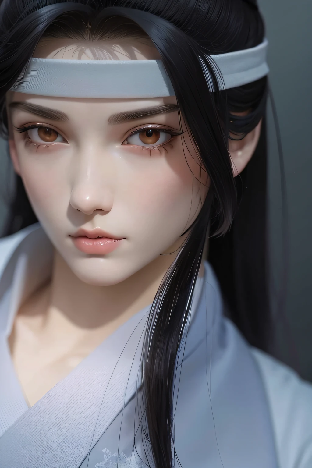 a close up of a doll with a white headband and a black hair, detailed image, the piercing stare of yuki onna, pale milky white porcelain skin, face - up, with very highly detailed face, close - up portrait shot, face up, close up portrait shot, pale porcelain white skin, handsome japanese demon boy, porcelain white face, character close-up