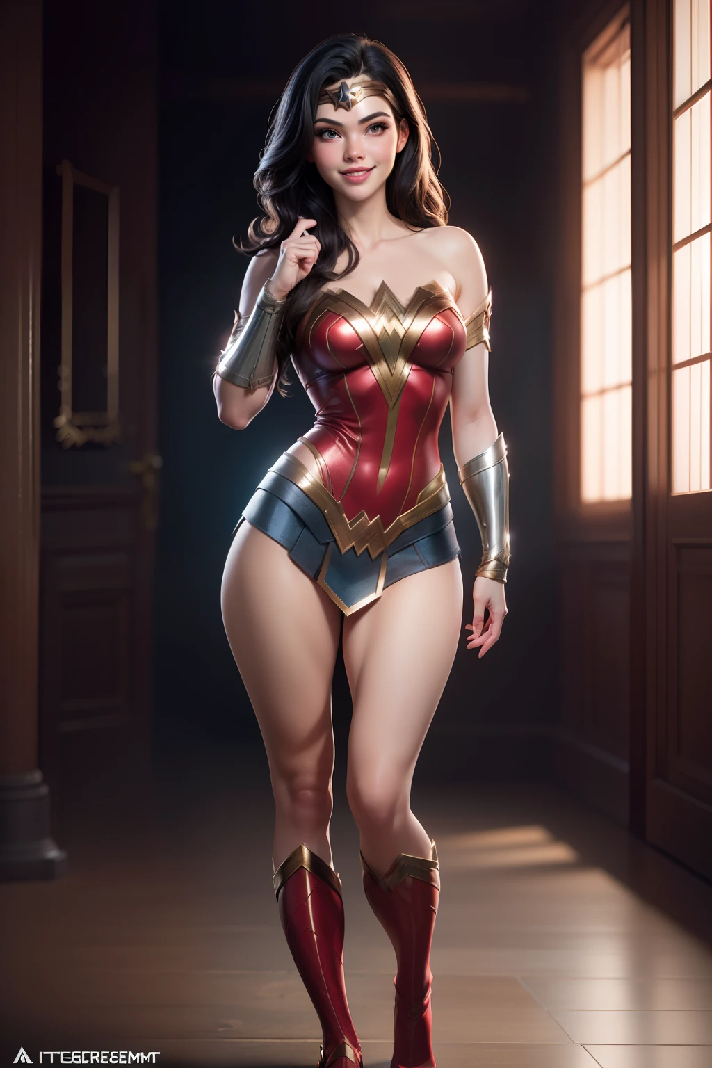 Wonder woman, Portrait photography by Altgerm, realism style, Glowing skin, Cartoon hero, Natural light, Defined lips, Strong physical strength, Feminine body, Full body, viewer, (Smile:1.2), Depth of field f/1.8, studio shot, (((looking in camera))), Camera orientation, Ellen von Unwert, (Sexy Pose:1.5))