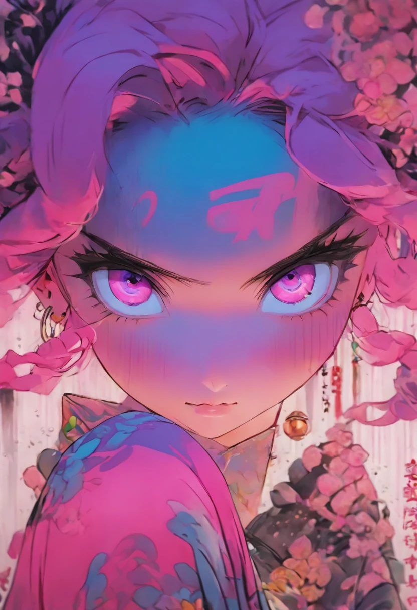 A girl, Pink hair ,Purple eyes, Traditional Chinese Ink Painting