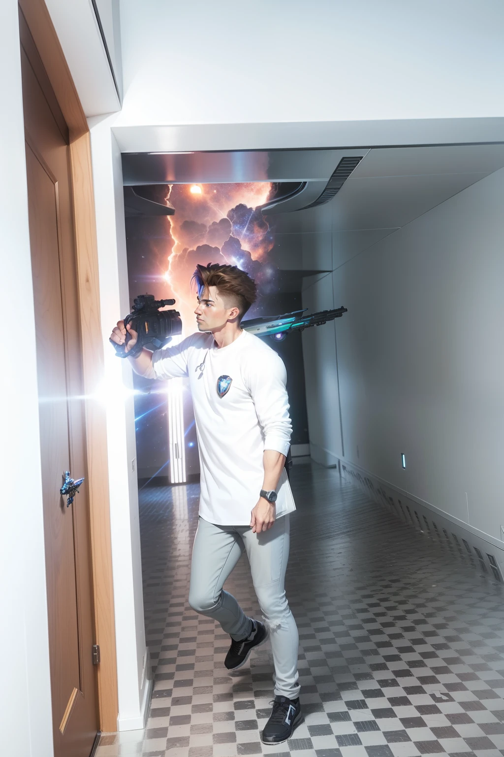 Avengers background, space ship fly,gun carry, cool lighting