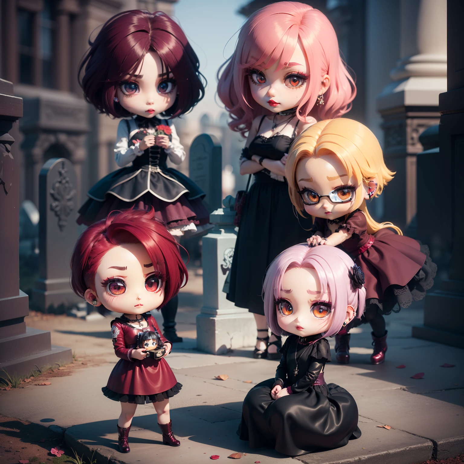Cute Chibi Anime、(((Chibi 3D))) (Best Quality), (masutepiece)、Sit and rest on tombstones in a dark and quiet cemetery,
Take a break in a gothic lolita dress, Wearing ((Black:0.8) And (Burgundy:1.1) very long dress:1.3) With cross motif and lace floral details, exposing her pale and slender neck,,,, Wearing a very long skirt and red boots with a chain,
BREAK、With a black veil with a cross brooch that partially covers the face,、Wearing a choker with a pendant on the chest
Cut your hair short、Dye black with red stripes,
(Dark makeup of red eyeshadow stains around the eyes, long, Thick eyelashes fluttering seductively, Red lipstick staining her lips, Use colored contacts、Hypnotizes eyes yellow:1.4), Has a mysterious and attractive appearance that attracts attention,(Chibi:1.7)