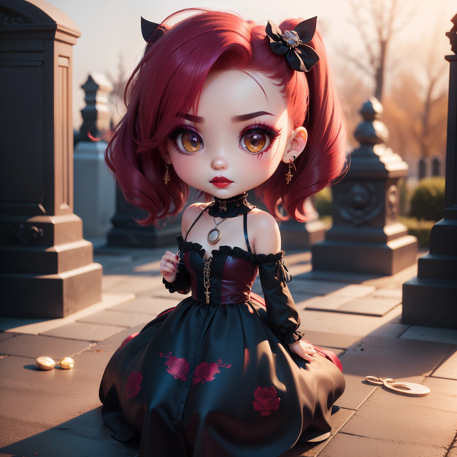 Cute  Chibi Anime、(((Chibi 3D))) (Best Quality), (masutepiece)、Sit and rest on tombstones in a dark and quiet cemetery, 
Take a break in a gothic lolita dress, Wearing ((Black:0.8) And (Burgundy:1.1) very long dress:1.3) With cross motif and lace floral details, exposing her pale and slender neck,,,, Wearing a very long skirt and red boots with a chain, 
BREAK、With a black veil with a cross brooch that partially covers the face,、Wearing a choker with a pendant on the chest
Cut your hair short、Dye black with red stripes,
(Dark makeup of red eyeshadow stains around the eyes, long, Thick eyelashes fluttering seductively, Red lipstick staining her lips, Use colored contacts、Hypnotizes eyes yellow:1.4), Has a mysterious and attractive appearance that attracts attention,(Chibi:1.7)