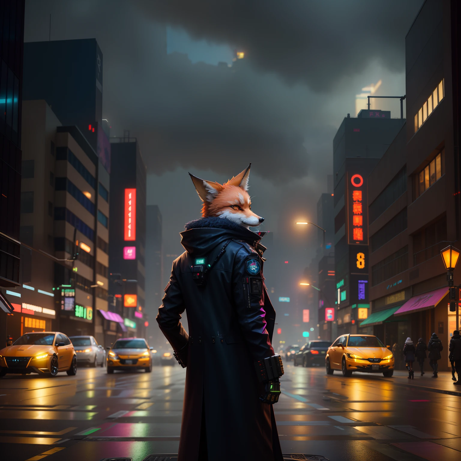 A man in a long coat stood on the street, an anthropomorphic cyberpunk fox, Hyper-realistic cyberpunk style, at cyberpunk city, Cyberpunk Style , Hyperrealistic, In a cyberpunk city, cyberpunk art ultrarealistic 8k, trending on artstation 4k, at a cyberpunk city, at a cyberpunk city, Badass anime 8 K, cyberpunk streets in japan