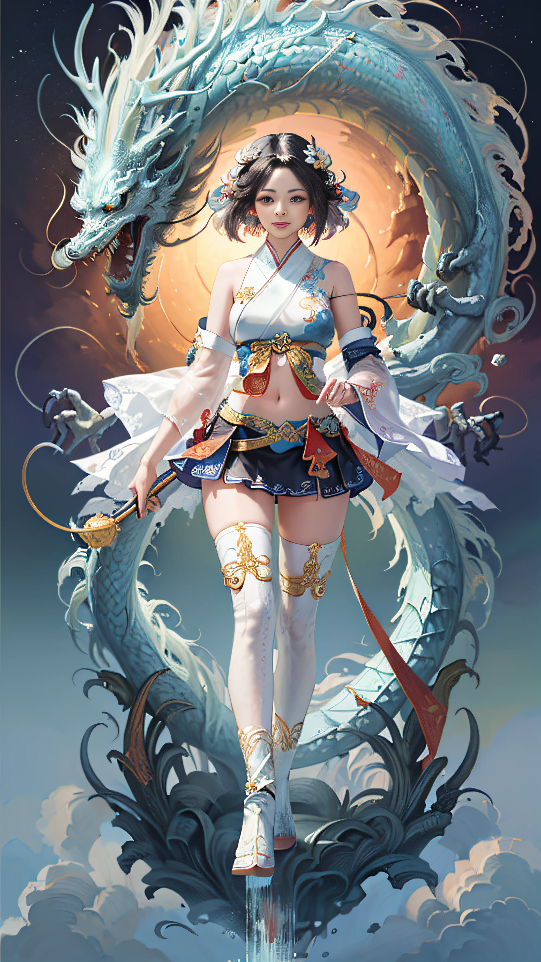 Official Art, Unified 8K Wallpapers, Ultra Detailed, Beautiful and Aesthetic, Masterpiece, Best Quality, (Zentangle, Tangle, Entangle), (fractal art: 1.4), (character center: 1.3), 1girl, black hair, Chinese, off-the-shoulders, short skirt, calf, navel, very detailed, dynamic angle, cowboyshot, (most beautiful form of chaos), ethereal, (bright colors), oc, (half: 1.2), china, (thangka flying sky: 1.5), (ribbon: 1.3), (dream: 1.5), (hanfu: 1.5), Chinese dragon, Chinese phoenix, (smile: 0.5), ( Chinese deities),