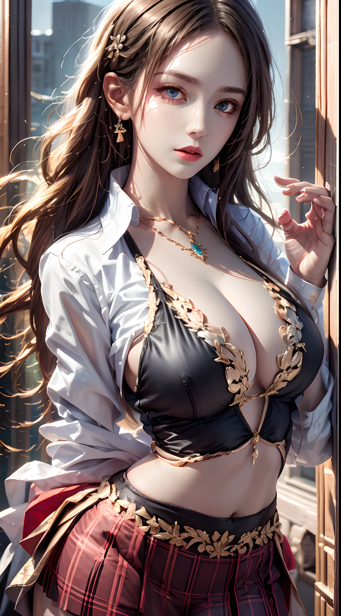 photorealistic, high resolution, 1women, mature female, solo, hips up, jewelry, wavy hair, long hair, school uniform