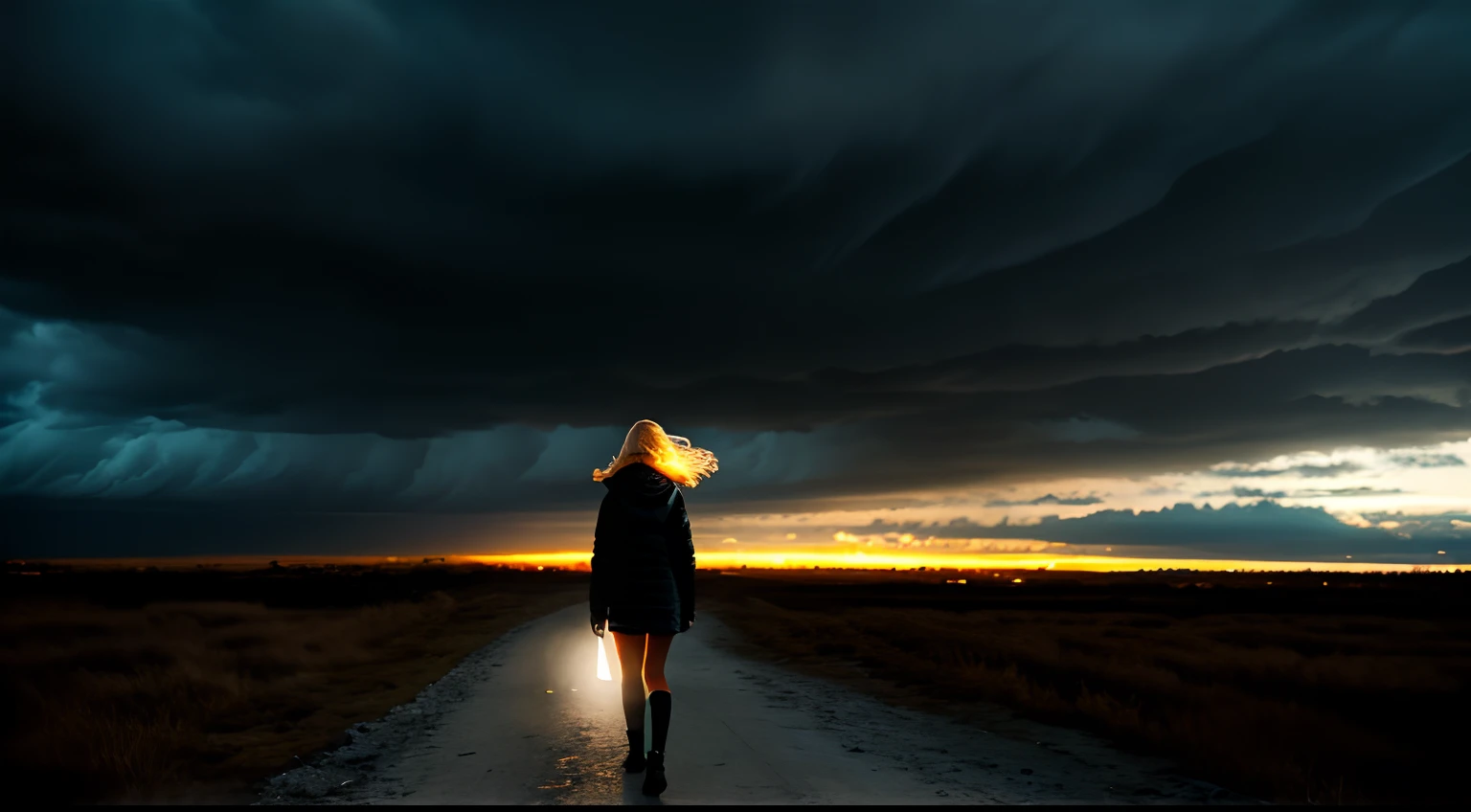 Under the darkened sky, there's a girl making her way home. Her eyes shine under the light of the handheld flashlight, her golden hair flowing amid the apocalyptic scenery. She steps forward in the shadowy night, surrounded only by emptiness and stillness. Masterpiece, (Illusion: 1.5), Ghost of a Beauty, Beauty Dead, 20 Years Old, (Cloudy Day))