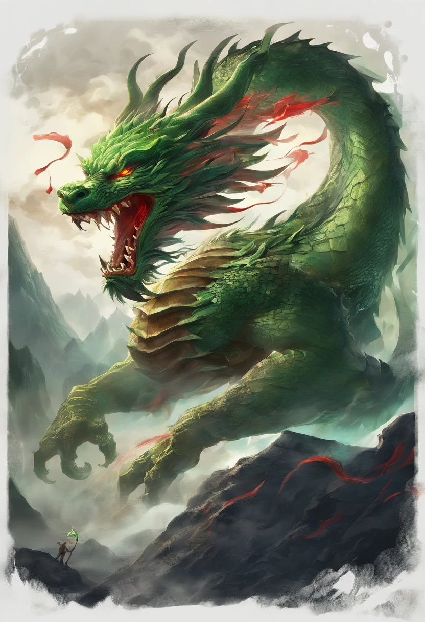 China-style,Chinese mythology,Green Dragon,tosen,Ferocious,gargantuan,The eyes glow red,Glow effects,surrounded by cloud,Thick clouds,中景 the scene is,Full body like, highly detailed surreal vfx,oc rendered, - AR 16:9 --q 2 --s 1000