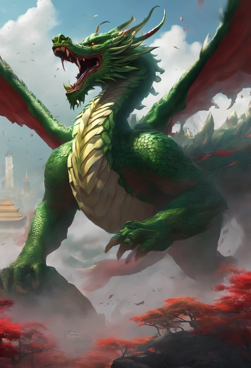 China-style,Chinese mythology,Green Dragon,tosen,Ferocious,gargantuan,The eyes glow red,Glow effects,surrounded by cloud,Thick clouds,中景 the scene is,Full body like, highly detailed surreal vfx,oc rendered, - AR 16:9 --q 2 --s 1000