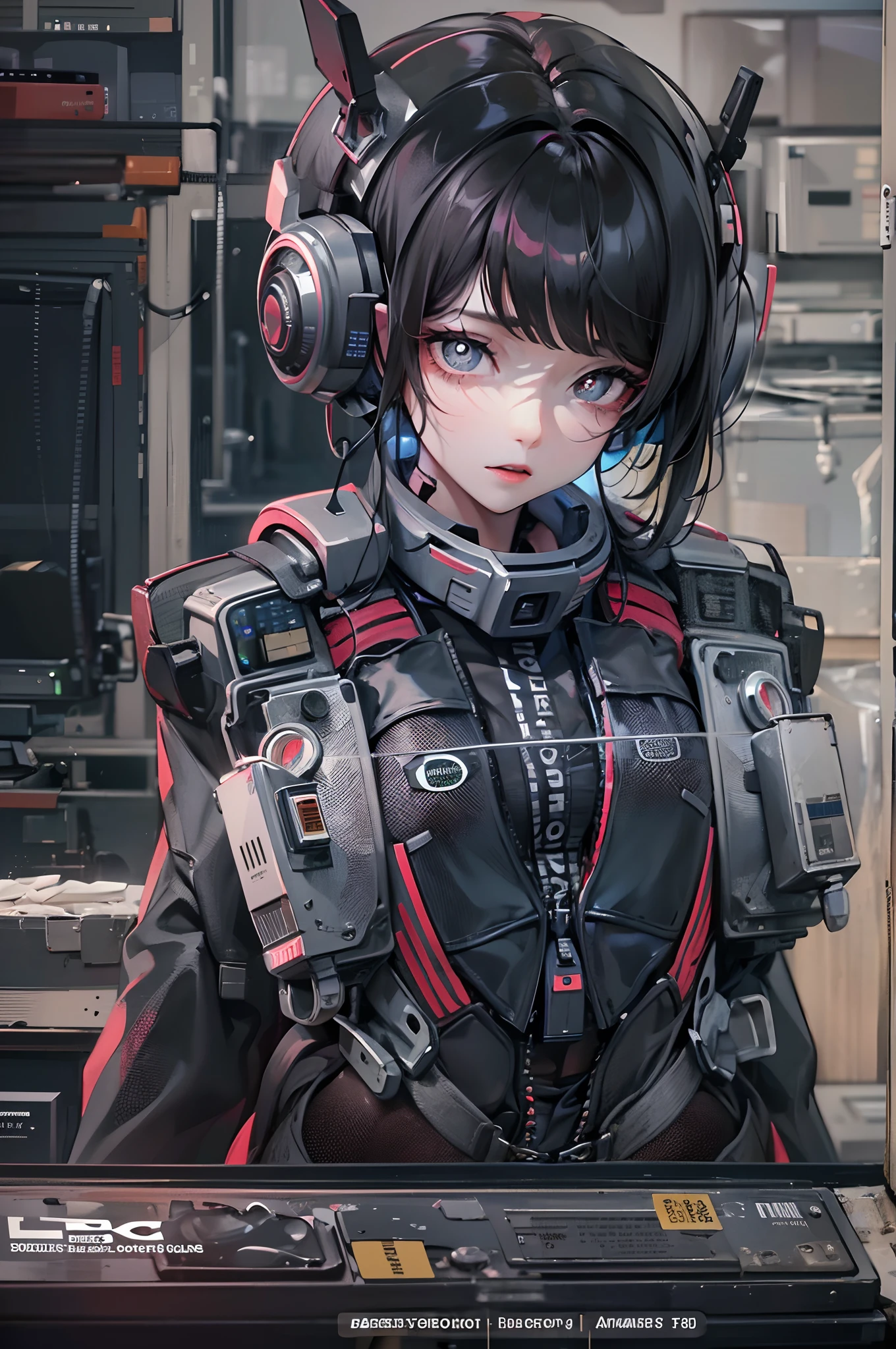((tmasterpiece))，(Best quality at best)，(A half body)，(ultra intricately detailed)，(Highest definition)，(8K)，(Clean lines)，(Perfect facial features，Perfect flesh)，(offcial art)，cyber punk perssonage，Cyborg girl，droid，Puppets，Artificial dolls，missiles，Short silky black hair，(Godless pupils)，(Simulate skin)，sense of science and technology，Lab Room，((Poor milk))，Slim waist，binh