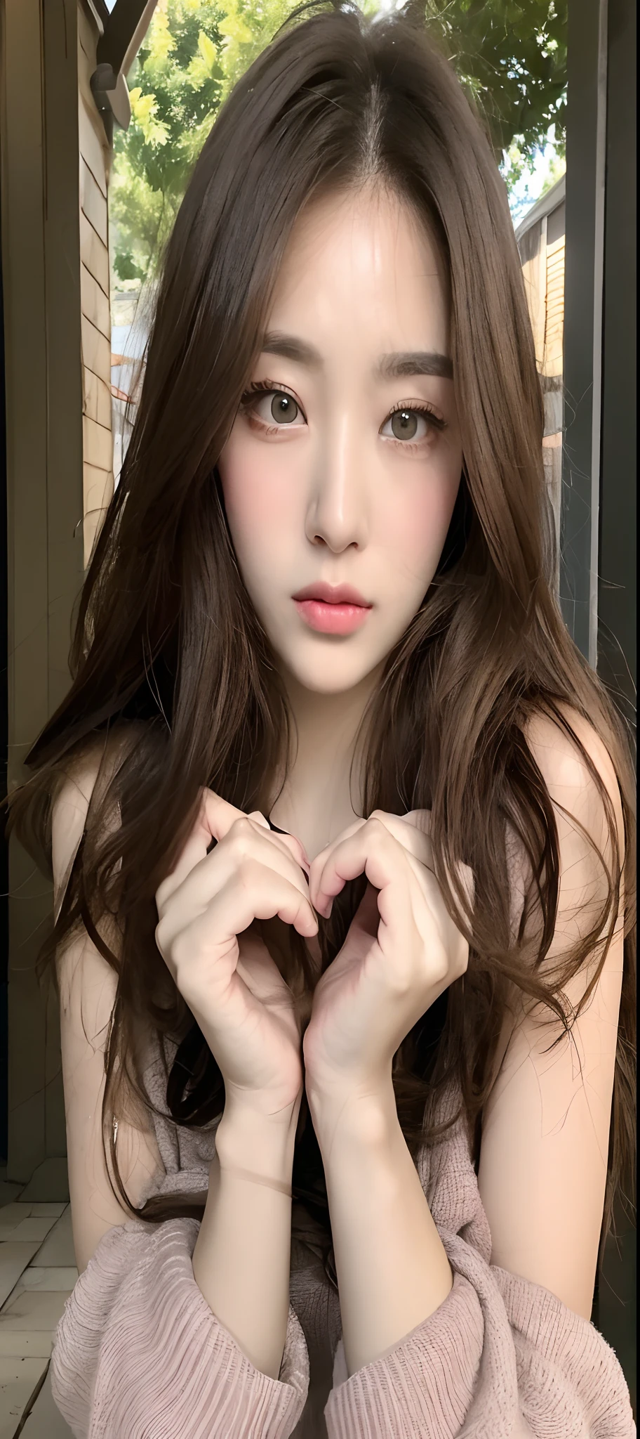 (masterpiece), (portrait), (aesthetic), (Beautiful), (blody on), (High Quality), (Beautiful clothes), (Professional Corner), (rule of thirds), (Women), (Women), (Female), (Beautiful),(Features of women), (21 years), bara, 1 woman, (Interesting Korea), autumn, (-), (evening), (Warm backlight), ((Blushing during a confession in a beautiful garden)), ((Hand on hand, heart)), ((Look at the camera keenly.)), (((flushed))), ((red face)), (natural make up), (Any chest), (-), ((long-haired)), (brunette hair), (straight hair), (Loose hair), (- In me.), ((Eyes wide open.)), (Brown eyes), (Romantic Look), Fair-skinned, (-clothes), (informal), (-), (), (Round Neckline), ((Garden Background)), (FULL SHOT), beautiful hands, Two Hands, Normal Hand, Two Arms, Complete Hand, Beautiful body, Beautiful Finger, Normal fingers, five fingers, five fingers, Beautiful ears, Normal ears, beautidul eyes, glossy eyes, Beautiful mouth, beautiful lips,
