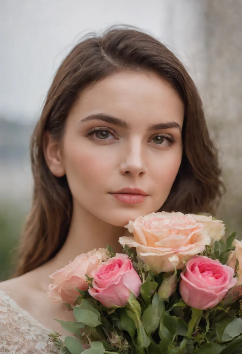 a woman is smelling a bouquet of flowers on her cheek, in the style of unicorncore, ready-made objects, ue5, modern photography, exotic, natural minimalism, uhd image,(upper body)
