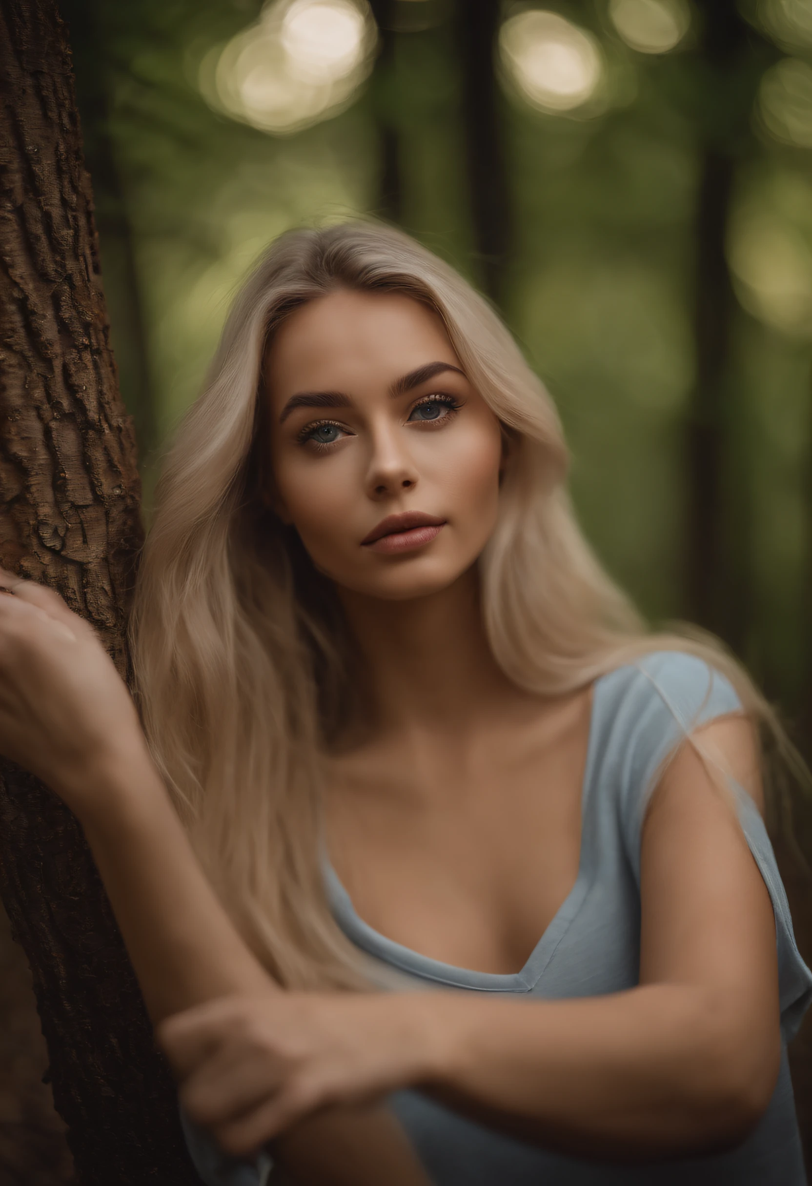 A woman in a matching T-shirt and panties, Sexy girl with blue eyes, portrait sophie mudd, Portrait of Corinna Kopf, blonde hair and large eyes, selfie of a young woman, Eyes in the bedroom, violet myers, without Макияж, natural makeup, looking straight at camera, face with artgram, dezentes Make-up, Stunning full-length shot, in the woods, cleavage