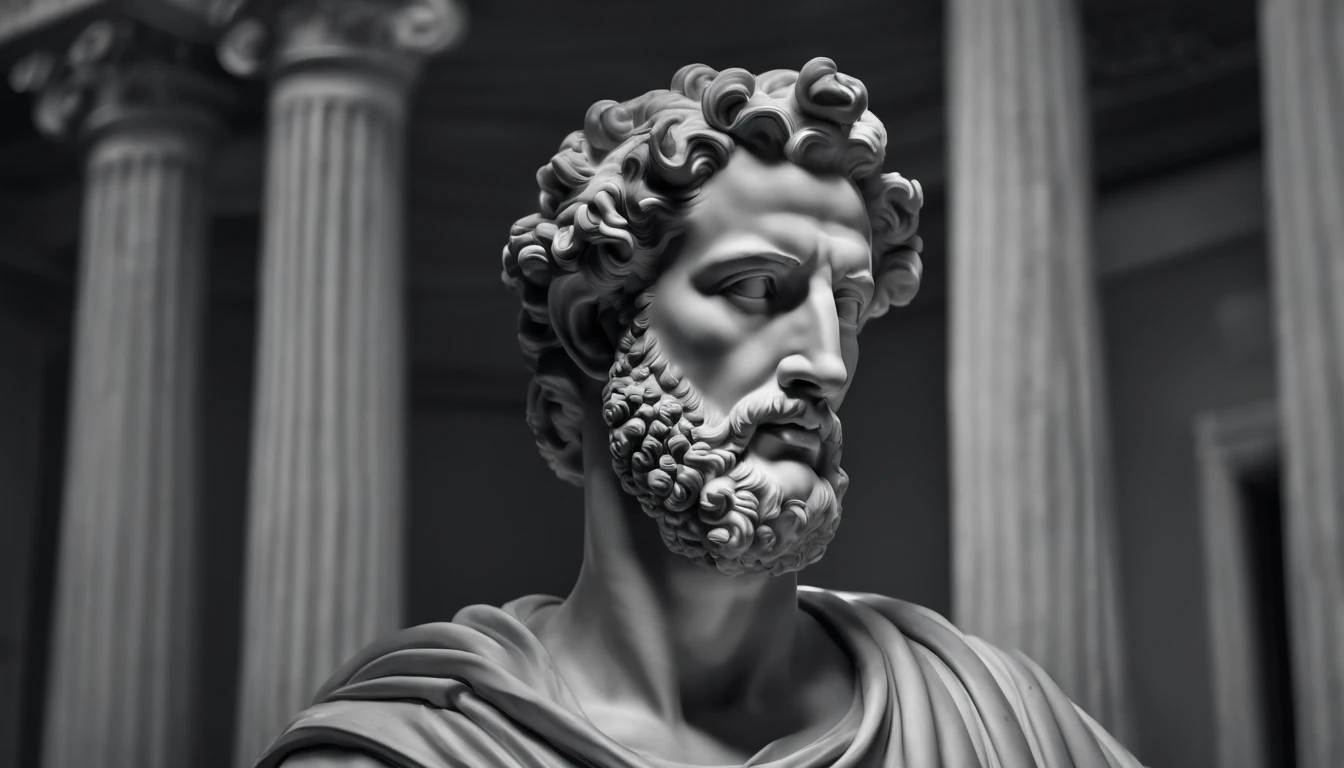 a statue of the stoic Marcus Aurelius in black and white 4K,Face de lado, papel de parede super realista, corpo forte, sem camisa, tronco forte, barriga forte , Inside the palace