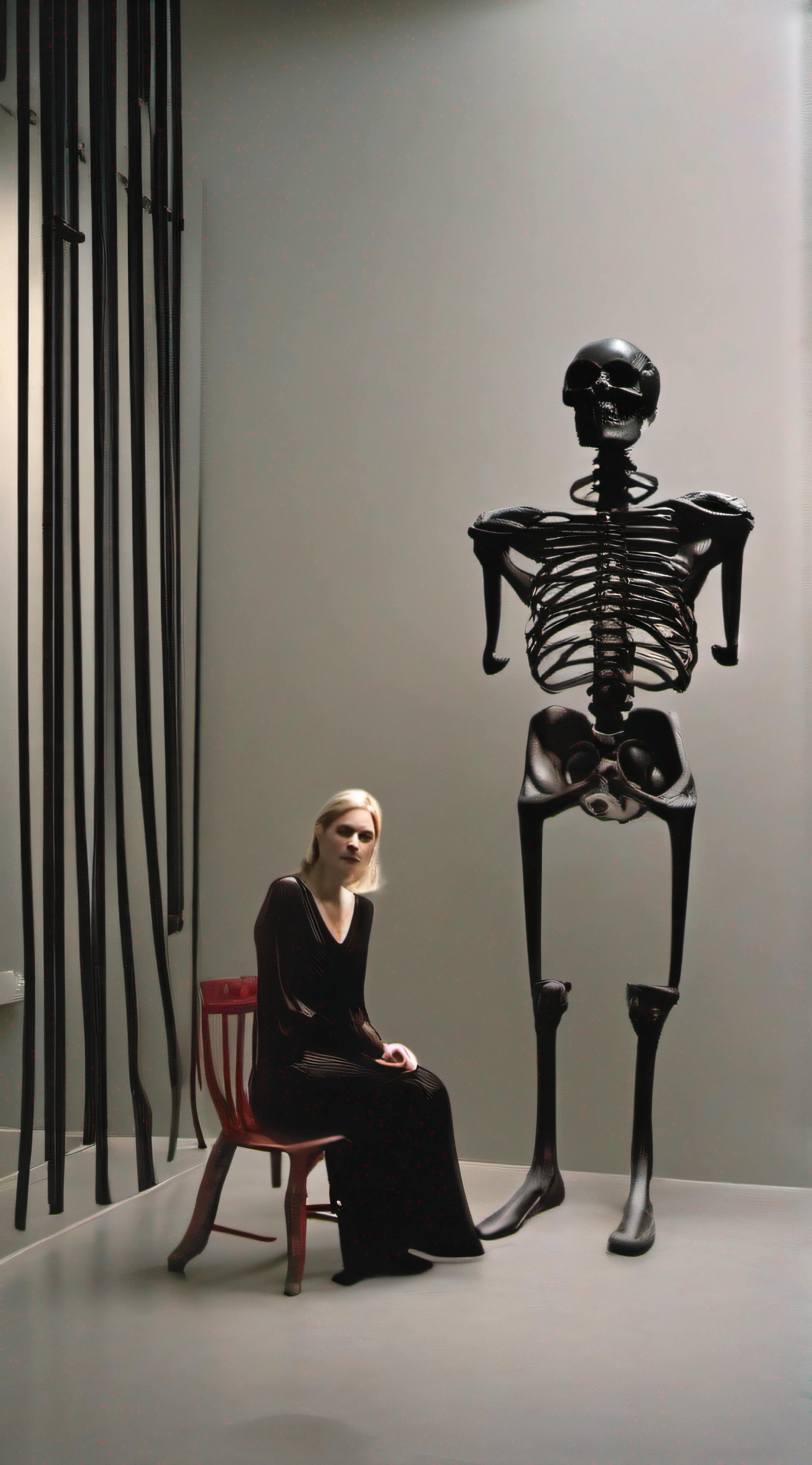 "(The best lighting, alto contraste, oscuro, dramatic),(Chica rubia junto a una cabra negra gigante, Open the rib cage, feto afuera, autopsia, huesos humanos, sangre por las paredes). Luz Caravaggio"