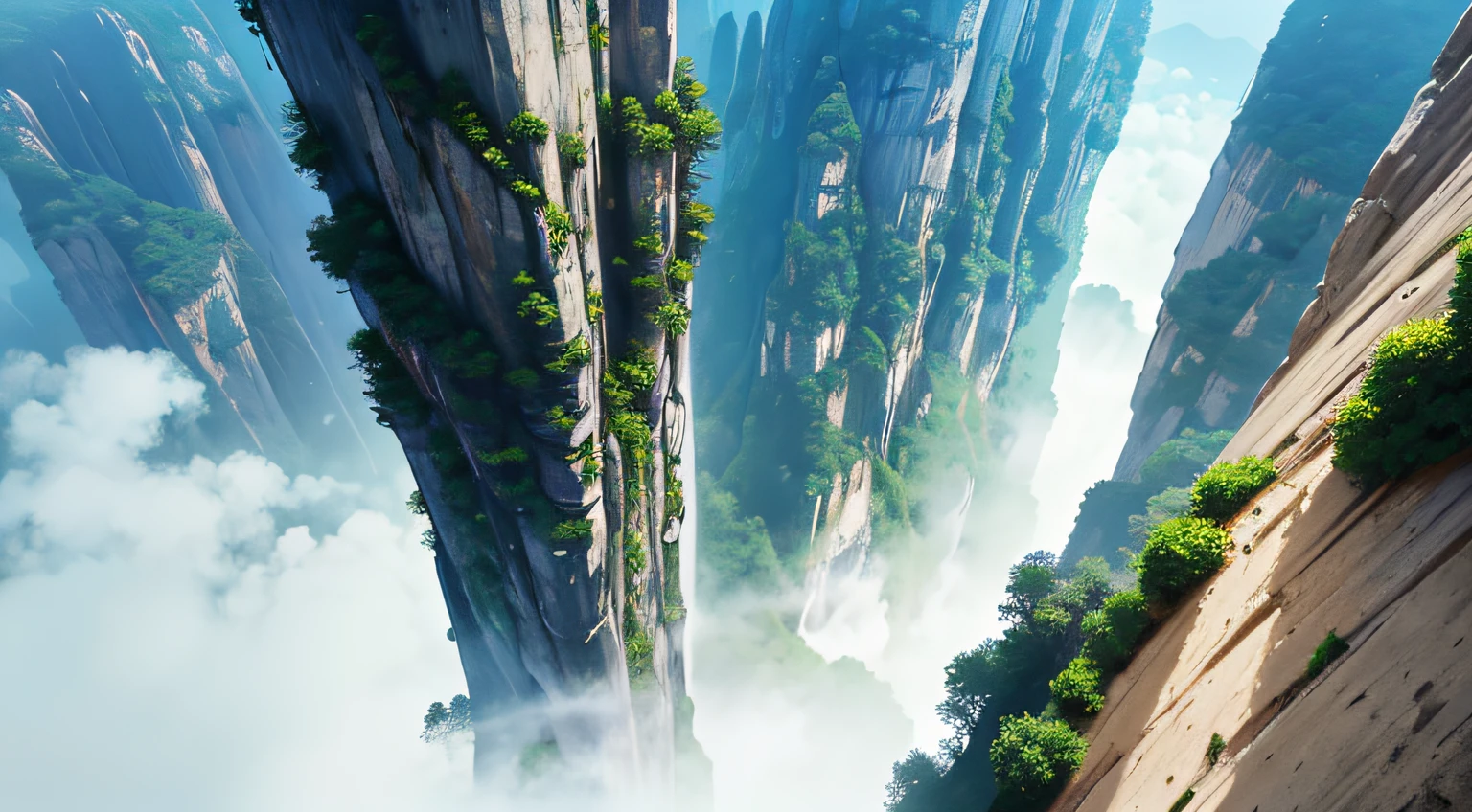 Turquoise tall, towering like a realistic aerial view of white lilies on the cliff walls of Zhangjiajie Valley