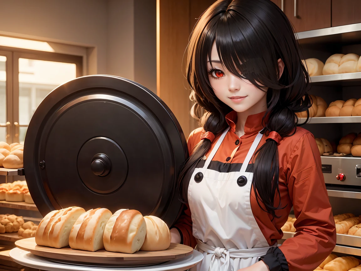 tokisaki kurumi, clock eyes, black hair, low twintails, (hair over one eye:1.5), (red eyes:1.2), smile, wearing chef clothes, stack a lot of bread in the bakery, taking out bread from oven