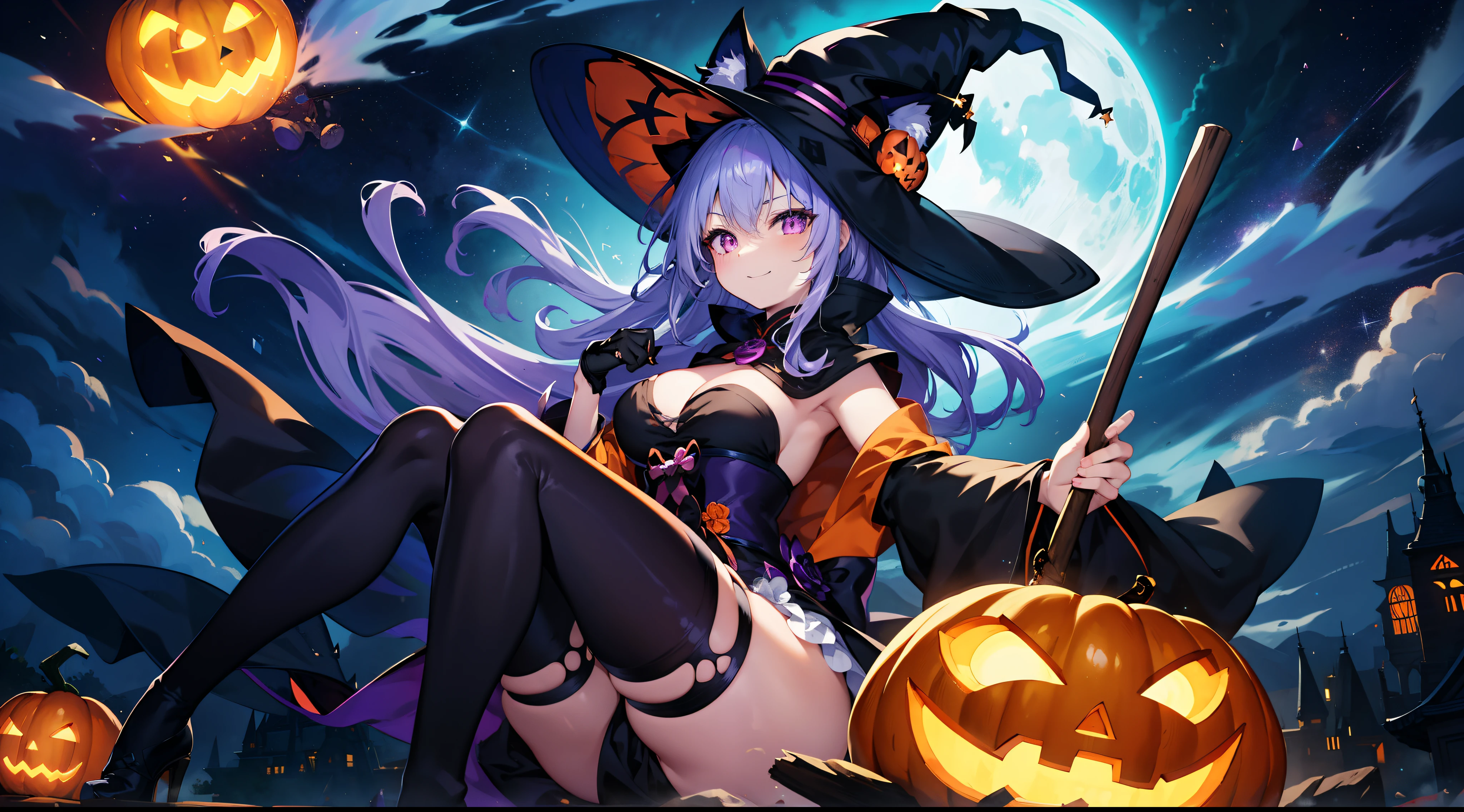 Jack Lantern、Obake pumpkin、Witch with a huge jack-lantern on her head、High Definition Pumpkin、Large pumpkin、She holds a large amount of pumpkin in both hands、Cat ears and witch's hat、Magenta Hair Witch、Sorcerer、Magic broom、angry,Smile、Naughty face、extremely detailed eye、Face Focus、An ultra-high picture quality、Motion Picture Film、Dynamic Angle、top-quality、nigh sky、shooting stars、High-definition background、Motion Picture Film、Enveloped in pale light, She sits on a magic broom and flies through the air、Depth of subject