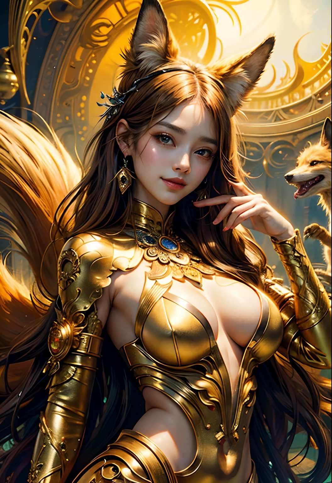 (masterpiece、top-quality、top-quality、Official art、Beautifully Aesthetic:1.2)、(1girl in)、ighly detailed、(Fractal Art:1.3)、colourfull、highestdetailed Golden Nine Tail Fox Golden background Soft smile breasts are large Soft expression A smile