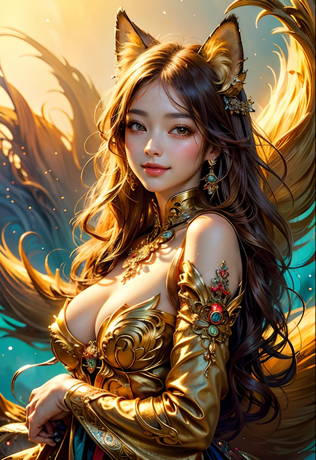 (masterpiece、top-quality、top-quality、Official art、Beautifully Aesthetic:1.2)、(1girl in)、ighly detailed、(Fractal Art:1.3)、colourfull、highestdetailed Golden Nine Tail Fox Golden background Soft smile breasts are large Soft expression A smile