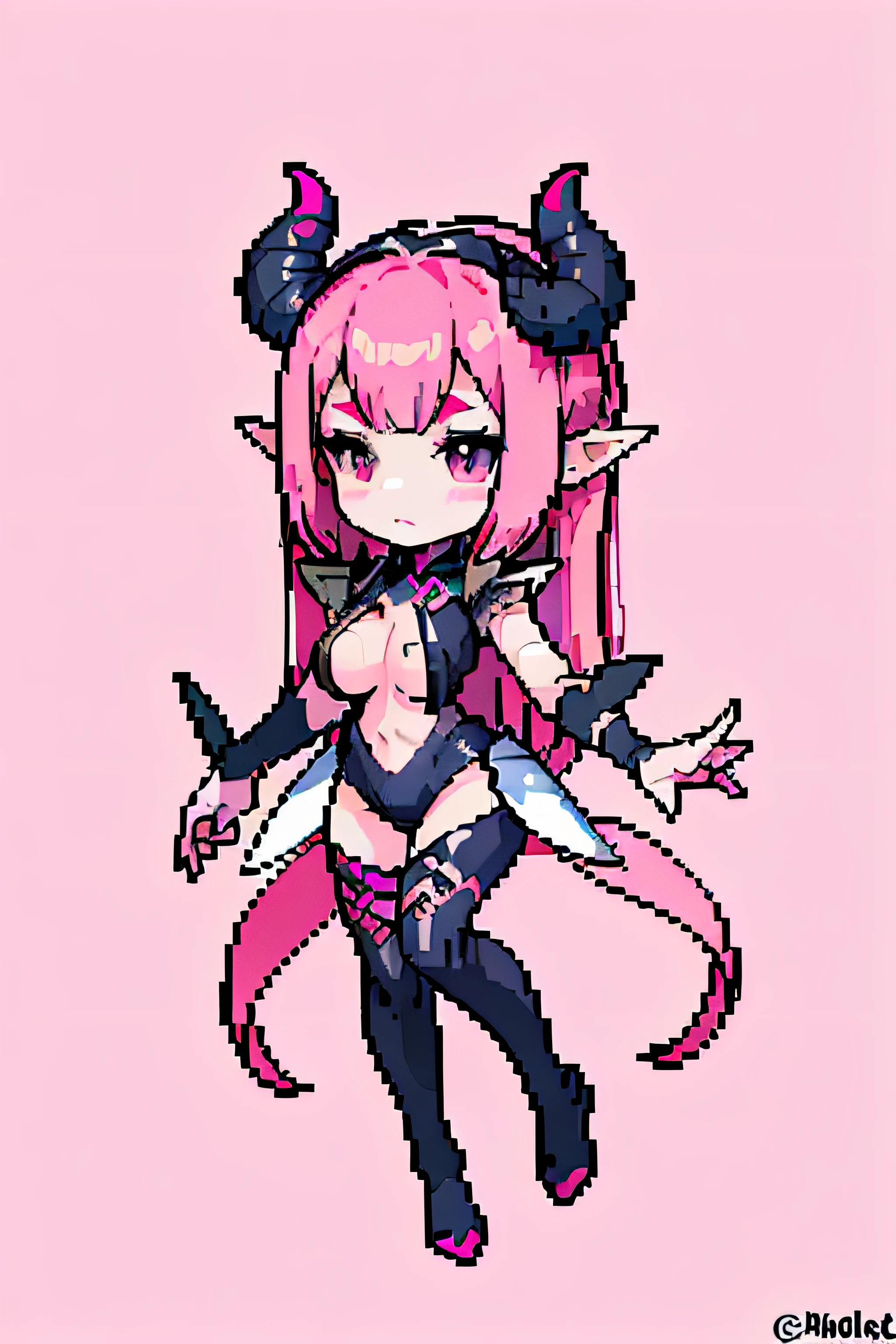 selena /(mobile legend/), mobile legend. cleavage, (masterpiece, top quality, best quality), pixel, pixel art, 1girl, full body, use abbysal worm, pink hair, black suit, devil horn