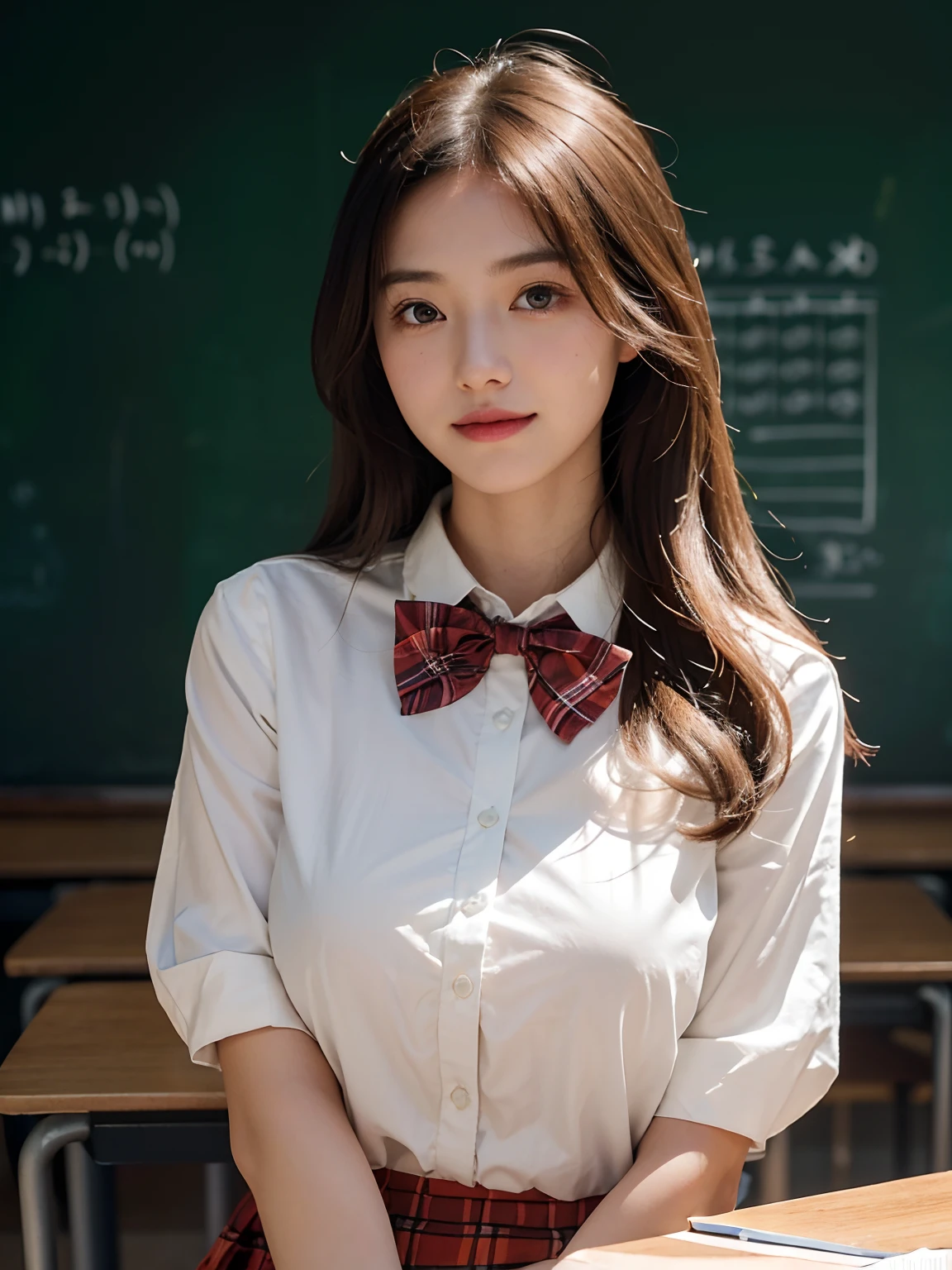 best qualtiy，tmasterpiece，超高分辨率，（真实感：1.4），RAW photogr，1girll，long whitr hair，Face Highlighting，Pure，Girly，Flushing，18yr old，18-year-old smiling female classmate，Pure，Innocent，（best qualtiy，8K，tmasterpiece:1.3），Goose egg face，largeeyes，long eyelasher，Exquisite（live-action realistic style），Star-like eyes，Ultimate face，Photorealistic light and shadow，Clear facial features，Milky white skin，Fair skin， highdetailskin， Realistic skin details， Visible Pore，（Super detail），（perfect bodies：1.1），long whitr hair，（dynamicposes），((Dynamic background((volumettic light：1.3))，‎Classroom，Pale orange plaid skirt，huge tit，White color blouse，Red plaid bow tie，There was a stack of books on the table，The blackboard is full of mathematical formulas，The girl leaned against the wall，Missing the male teacher