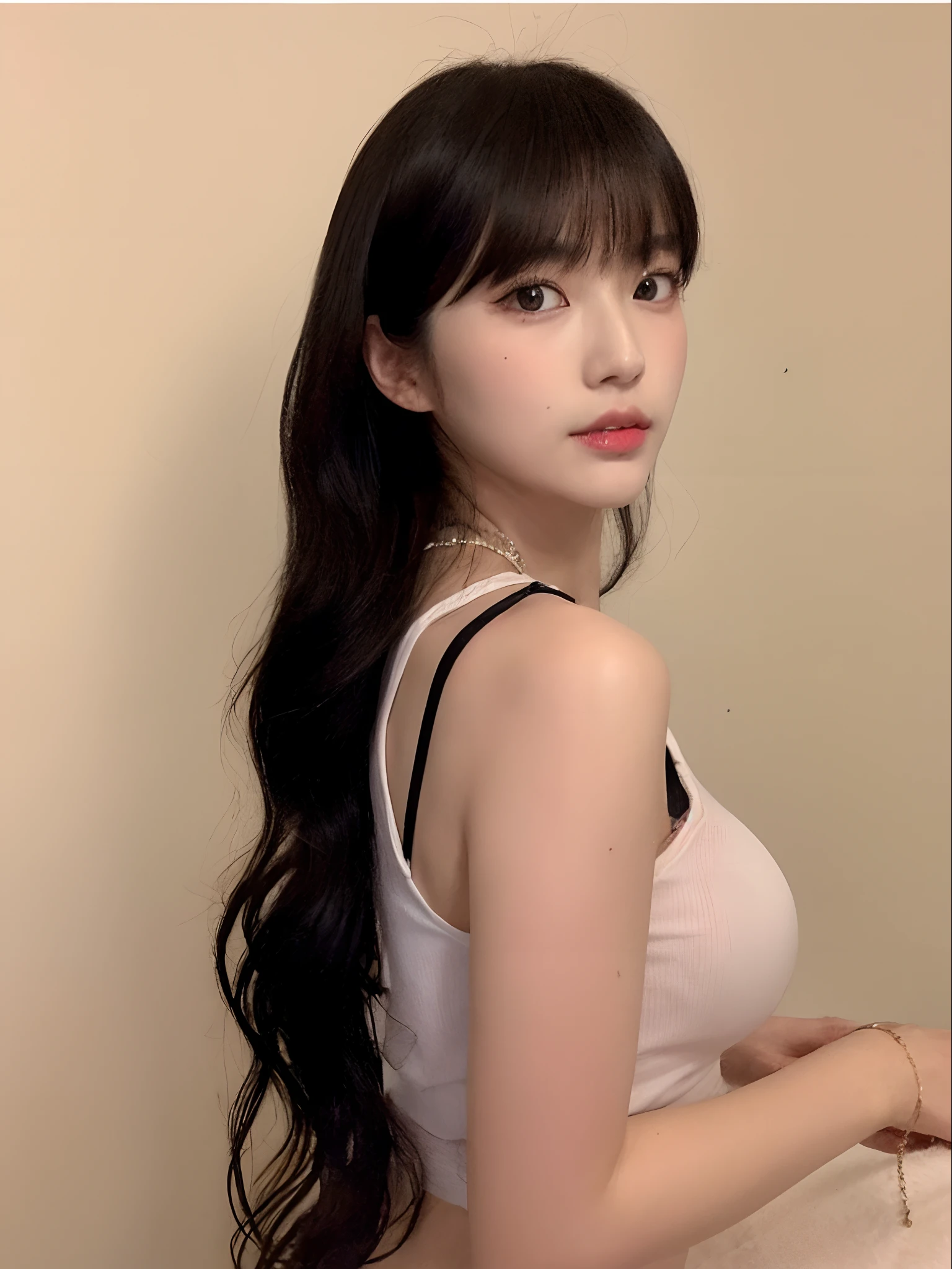 ((of the highest quality, 8K, masutepiece: 1.3)), Beauty, Hidden Face, 1 girl, Beauty: 1.3, Slender Abs: 1.1, Long Black Hair, (sitting on a bed), Ultra-detailed face, very detailed lips, Detailed eyes, Double eyelids,flushed complexion,
