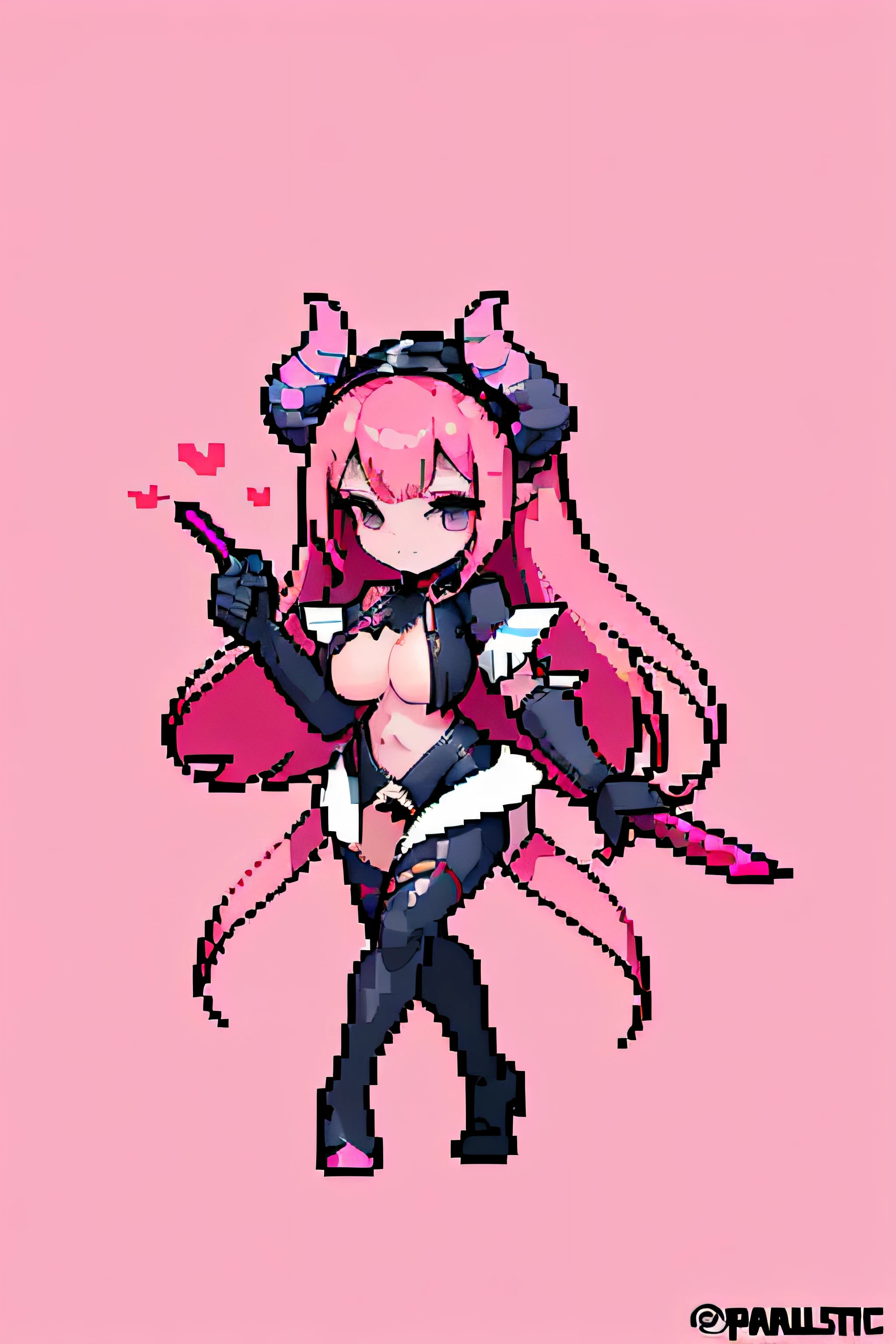 selena /(mobile legend/), mobile legend. cleavage, (masterpiece, top quality, best quality), pixel, pixel art, 1girl, full body, use abbysal worm, pink hair, black suit, devil horn