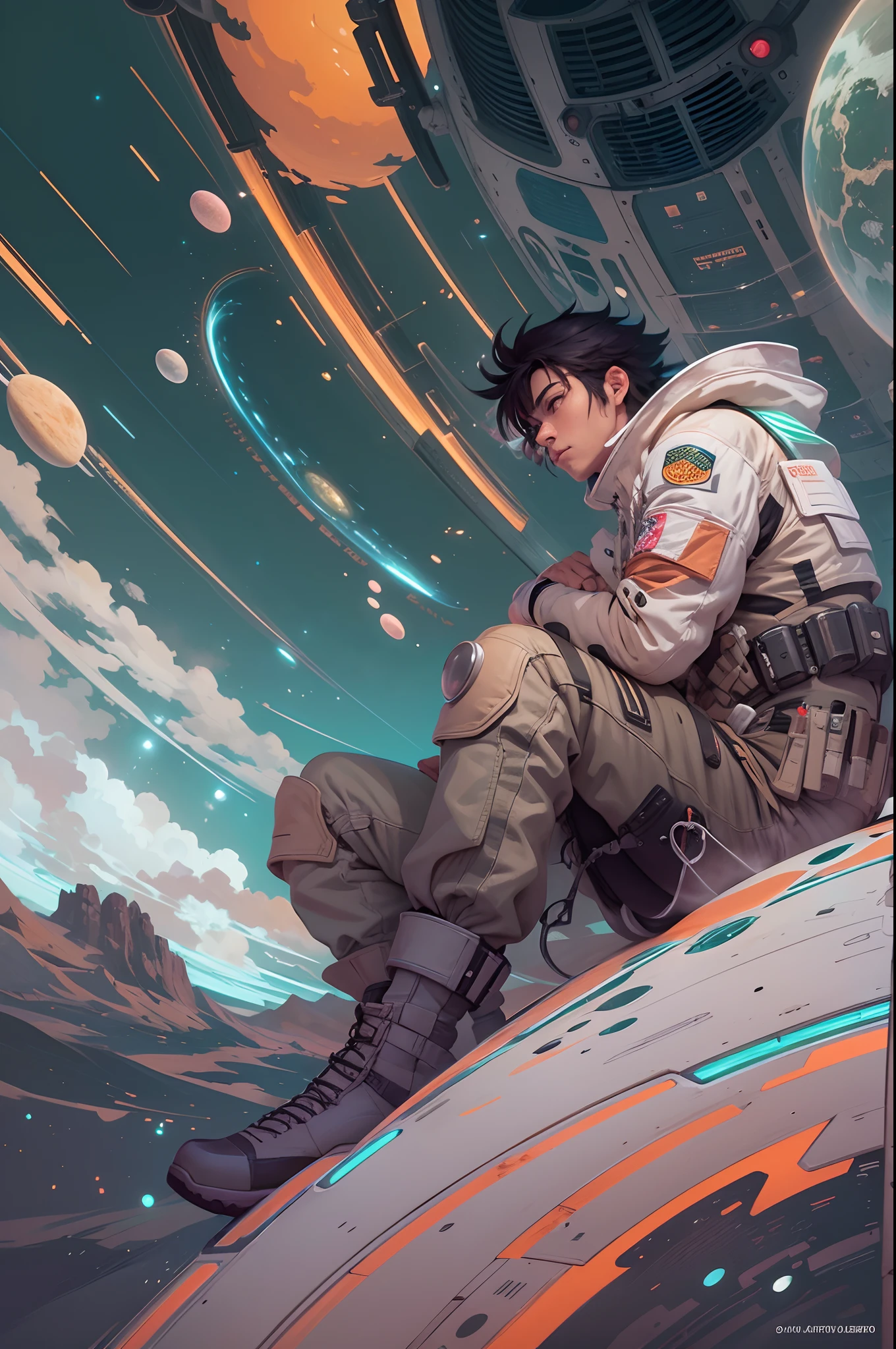 anime guy sitting on the ground looking at the planet, space cowboy, cyber space cowboy, inspired by Josan Gonzalez, makoto shinkai ( apex legends ), akira artstyle, ross tran style, akira vibes, akira art style, floating beside planets, josan gonzales, sci - fi art!!!!!!!, josan gonzales!!!, in space, modern sci-fi anime
