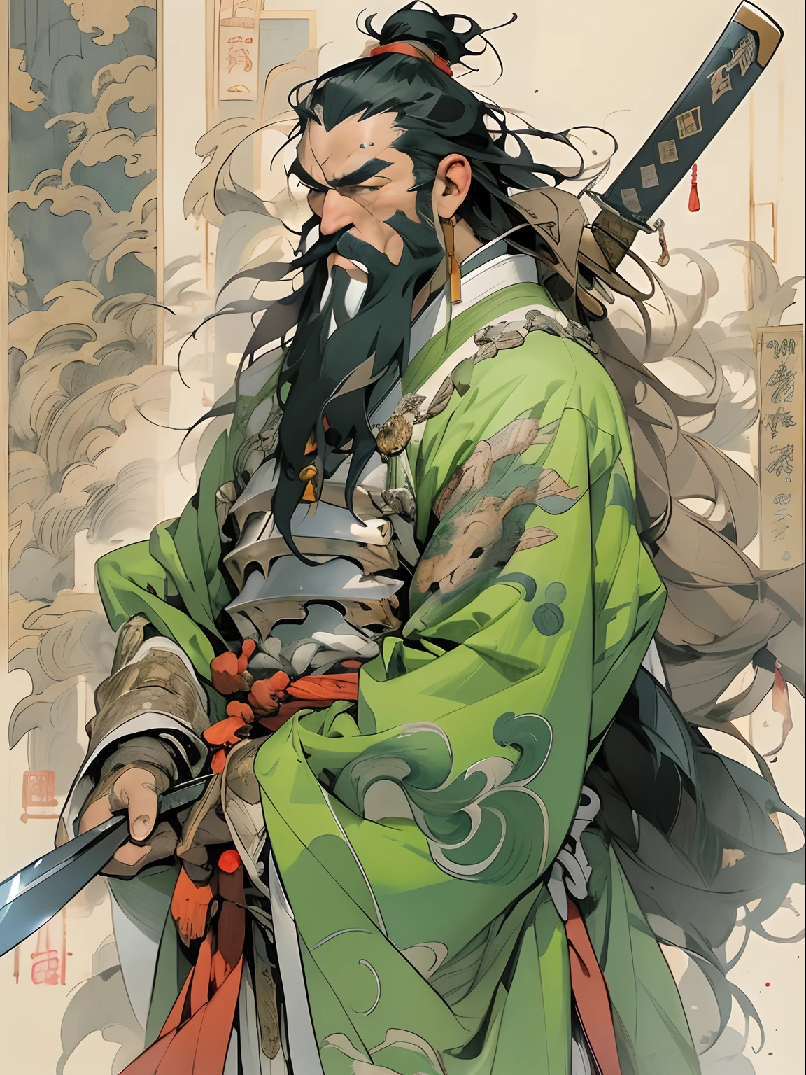 (((China-style,Ink painting method,Half-length portrait,Intense color,Han dynasty, China,Hanfu,Armor,Guan yu,Guan Yunchang,of a guy,Ruddy killing square face,Hold it with your right hand(Close the knife)Qinglong Weir Moon Knife,Stroke your beard with your left hand,Long hair,petty eyes,Green robe))), (((best qualityer))), (((tmasterpiece))), (((AS-Adult))), ((( Japanese ))), Look up from your knees, Handsome Asian samurai,perfect body figure, Modern samurai, ((( Asian))), Wear gloves on your hands,The left arm is made of steel and metal tips,Made of protective devices, The eyes are pulled, (( Appears below the chest )), (( Small dental floss )), Simon Bisley, Almost naked(Simon Bisley)Castle City Wilderness,For high-resolution posters, hair straight, Minimum clothing, armure (Crazy clothes ), Full of tips and rivets, tribal tattoos, (((full bodyesbian))), Straight brunette hair,Colored hair ends