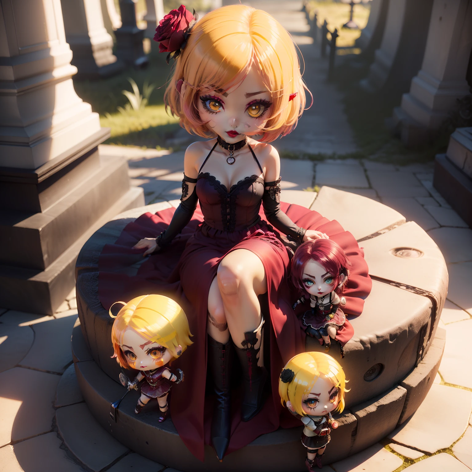 Cute Baby Chibi Anime、(((Chibi 3D))) (Best Quality), (masutepiece)、Sit and rest on a tombstone in a dark and quiet cemetery, Take a break in a gothic ta dress, Wearing ((Black:0.8) And (Burgundy:1.1) very long dress:1.3) With cross motif and lace floral details, exposing her pale and slender neck,,,,,, Wearing a very long skirt and red boots with a chain, BREAK、With a black veil with a cross brooch that partially covers the face,、Wear a choker with a pendant on the chest Cut your hair short、Dye black with red stripes, (Dark makeup of red eyeshadow stains around the eyes, long, Thick eyelashes fluttering seductively, Red lipstick staining her lips, Use colored contacts、Hypnotize yellow eyes:1.4), Has a mysterious and attractive appearance that attracts attention,Dark red rose corsage hair(Chibi:1.7)