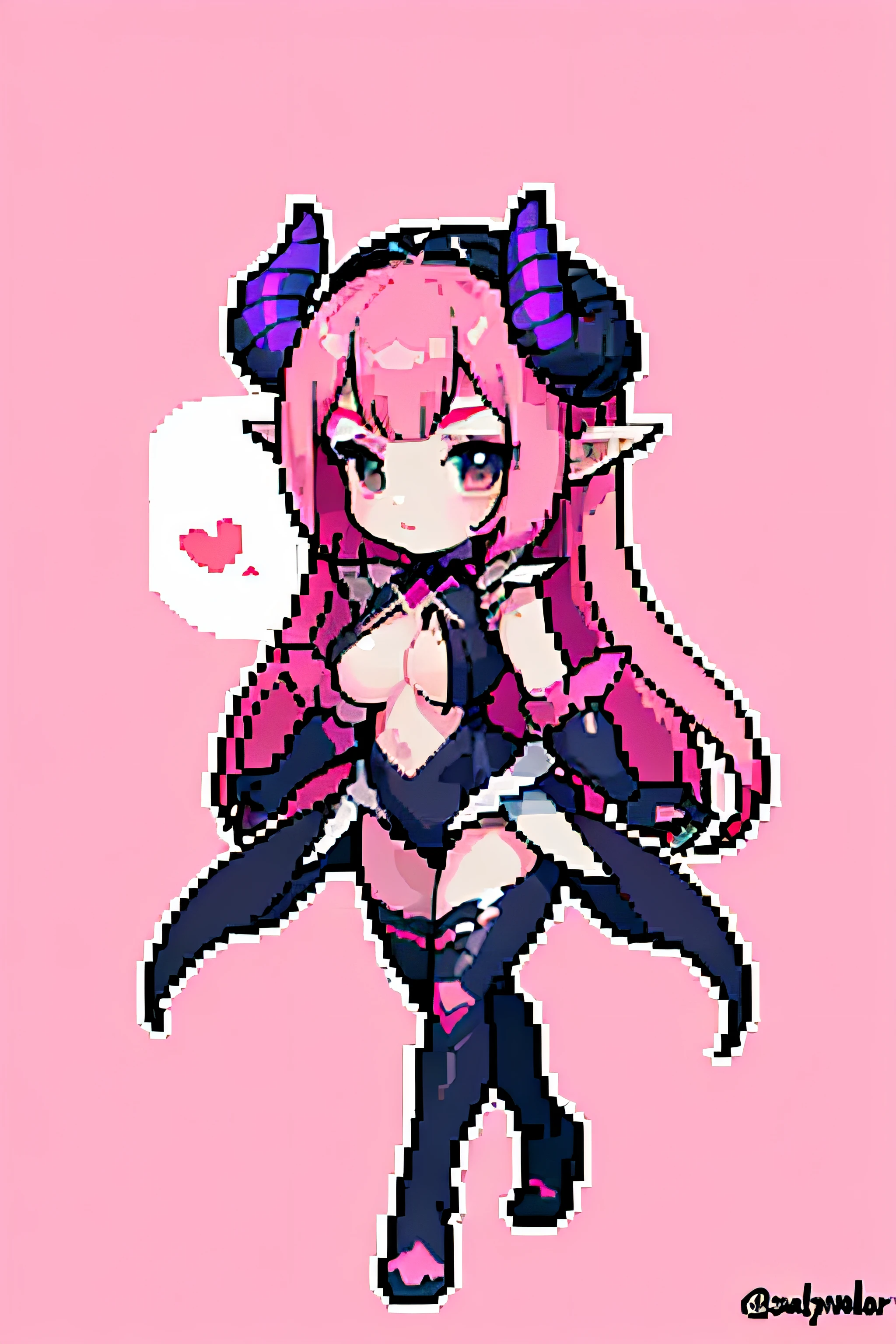 selena /(mobile legend/), mobile legend. cleavage, (masterpiece, top quality, best quality), pixel, pixel art, 1girl, full body, use abbysal worm, pink hair, black suit, devil horn