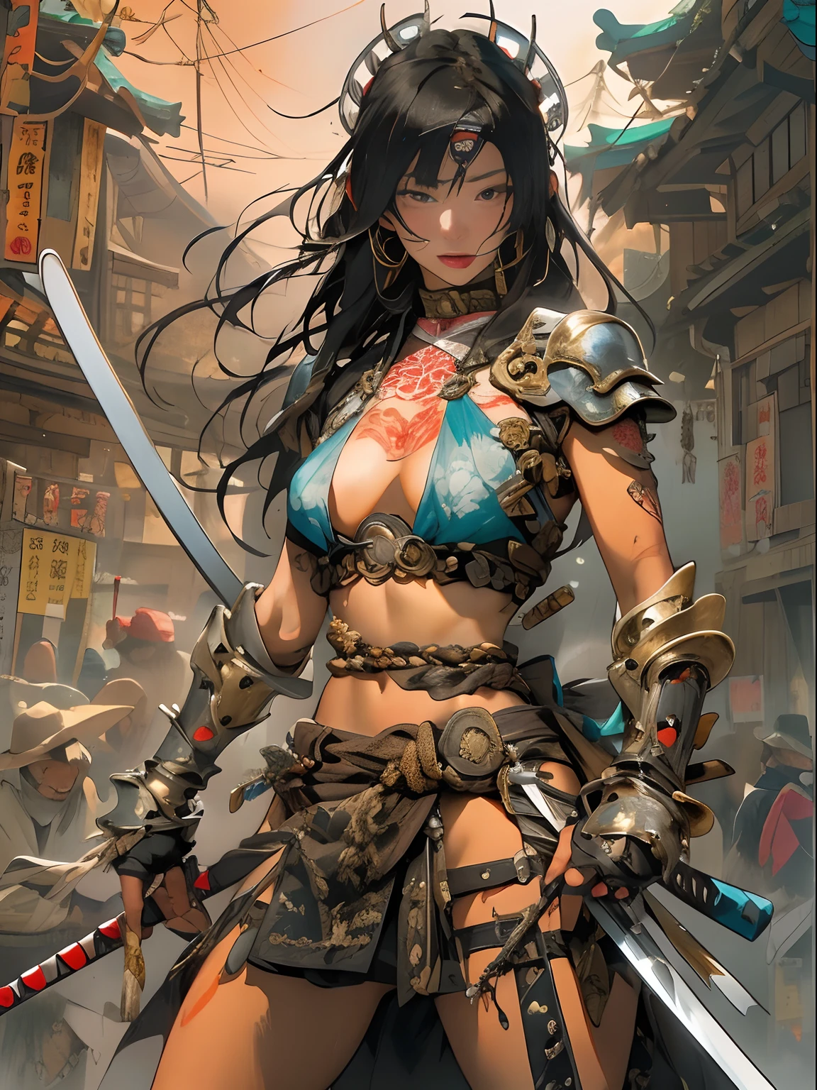 (((woman))), (((best qualityer))), (((tmasterpiece))), (((AS-Adult))), ((( Japanese ))), Look up from your knees, A beautiful asian samurai woman with perfect body, Modern samurai, ((( Asian))), Wear gloves on your hands，The left arm is made of steel and metal tips，Made of protective devices, The eyes are pulled, (( Appears below the breast )), (( Small dental floss )), Simon Bisley, Almost naked（Simon Bisley）Castle City Wilderness，For high-resolution posters, hair straight, Minimum clothing, armure (Crazy clothes ), Full of tips and rivets, tribal tattoos, (((full bodyesbian))), Straight brunette hair，Colored hair ends