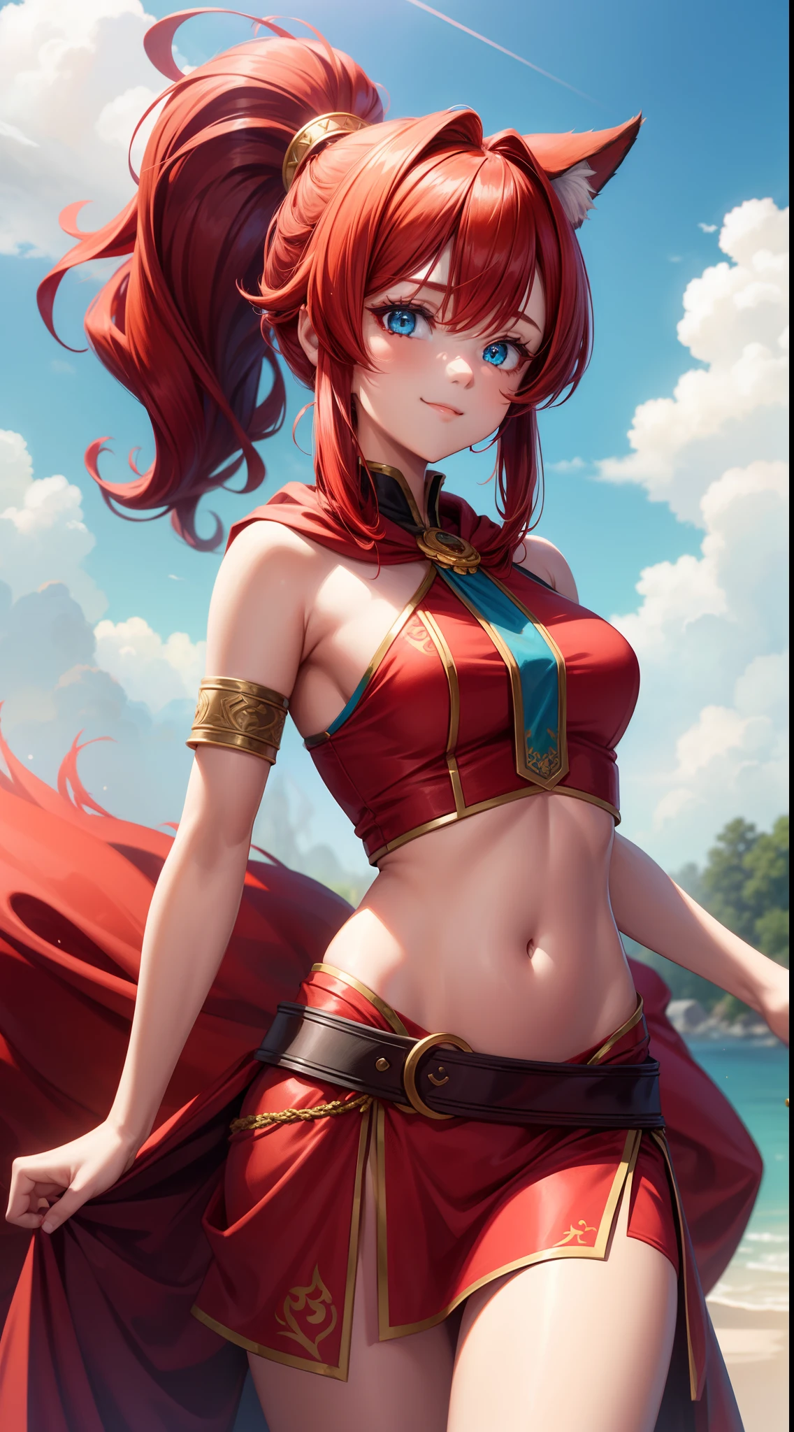 young girl, short red hair, high ponytail, Cyan eyes, Red Old Slavonic robe, open belly, ssmile, Fox ears, Fox tails, Masterpiece, hiquality, high detail, HD, 4k