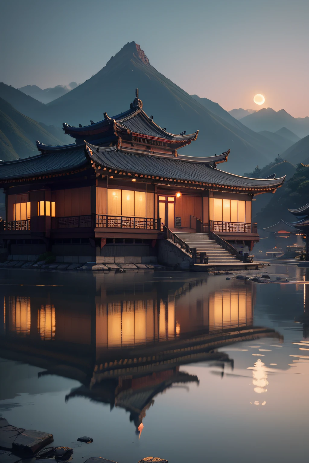 nighttime scene,Two rabbits,Steps,The close-up view is the surface of the water,中景 the scene is,There are pavilions on the left and right sides,Behind the building is the mountain,themoon,In the distance there are Kongming lanterns,Faraway view