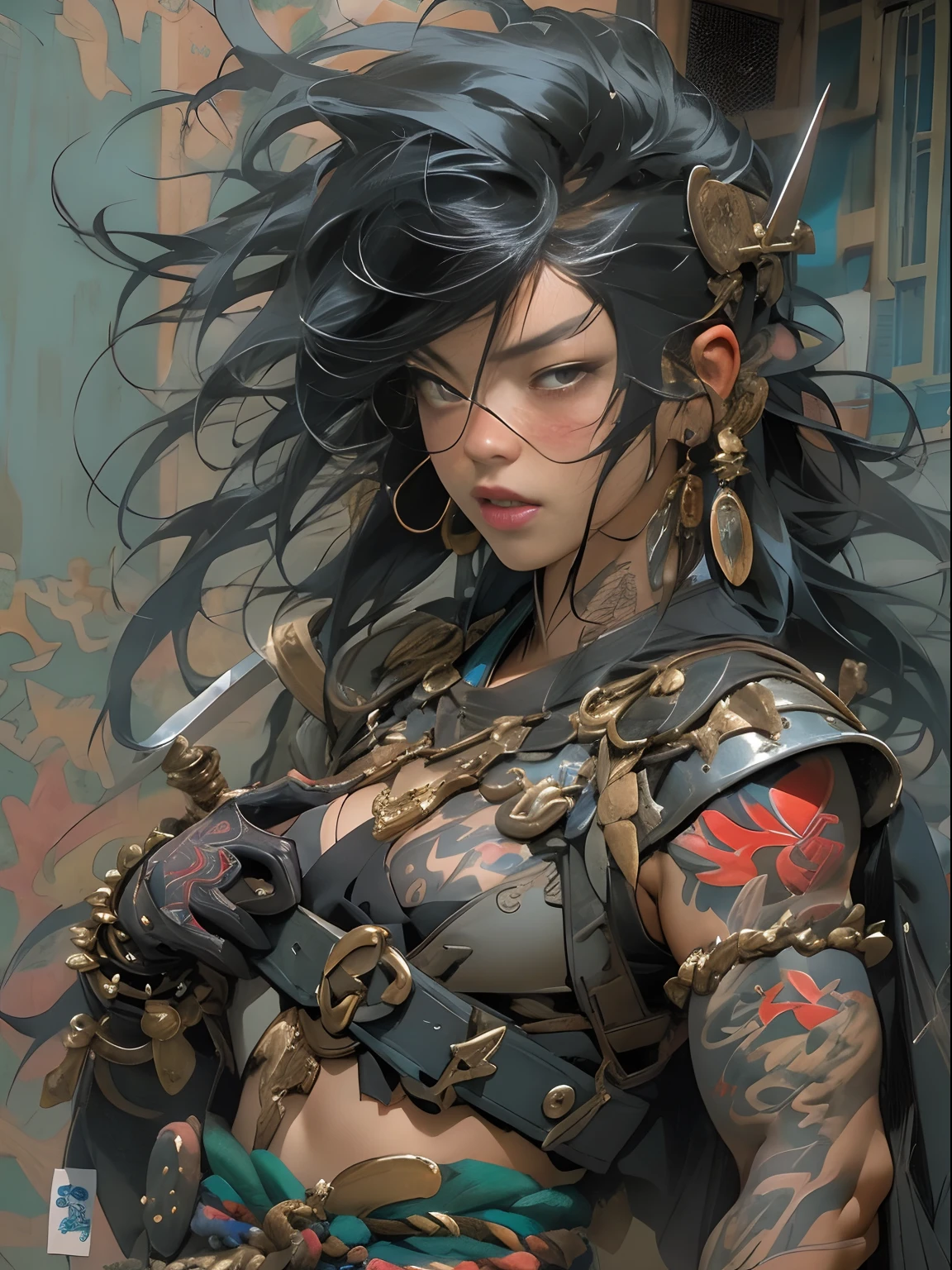 close de uma guerreira mulher de 35 anos musculosa quase nua no estilo Simon Bisley para a capa da revista Heavy Metal, cabelo metade preto metade branco, Minimum clothing, Roupas curtas, (((mulher))), (((melhor qualidade))), (((obra prima))), (((adulta))), Uma guerreira mulher de 35 anos com corpo perfeito, Brooklyn Gladiators, hand with steel gloves and metal tips, (( under boobs )), (( Tiny thong )), quase nua no estilo selvagem urbano de Simon Bisley para a capa da revista 2000 A.D., cabelo curto desalinhado, Minimum clothing, arm with heavy metal protection full of tips, tatuagem tribal, estrelas de 5 pontas, (((corpo inteiro))), cabelo preto curto com franja branca cobrindo a testa