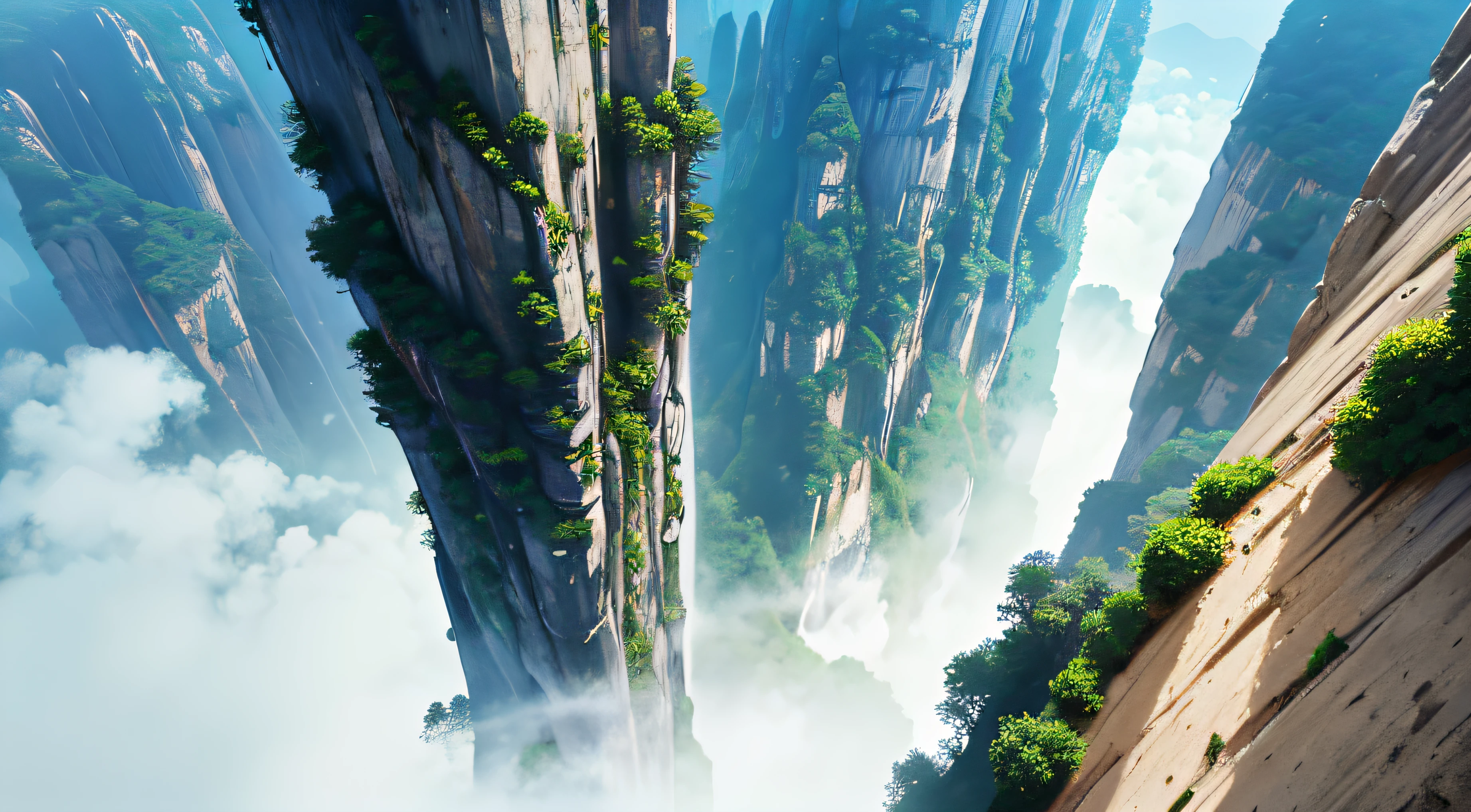 Turquoise tall, towering like a realistic aerial view of white lilies on the cliff walls of Zhangjiajie Valley